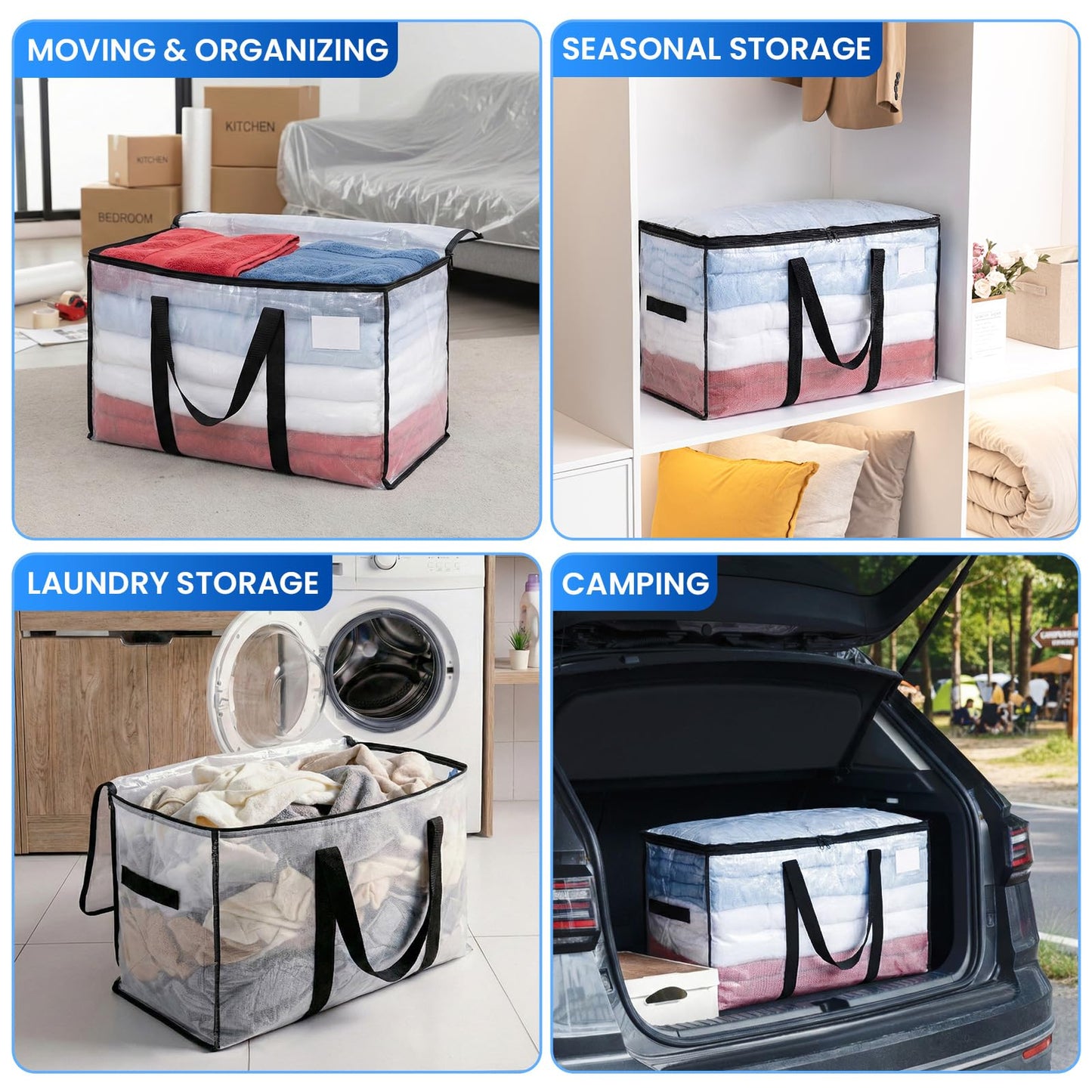 TAILI Extra Large Moving Bags, 4 Pack Clear Heavy Duty Totes For Storage with Visible Window, Wrap Around Handles, Storage Bags for Space Saving, Alternative to Moving Boxes