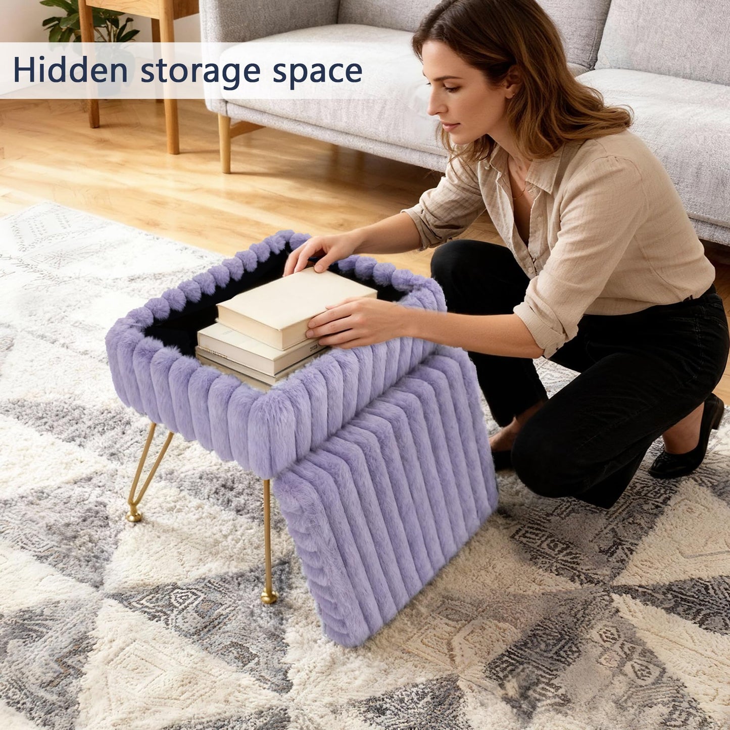 xupersodys Vanity Stool Chair with Storage, Faux Fur Soft Padded Ottoman with Coffee Table, Modern Vanity Chair Fluffy Footstool with Metal Legs for Makeup, Living Room,Bedroom Purple