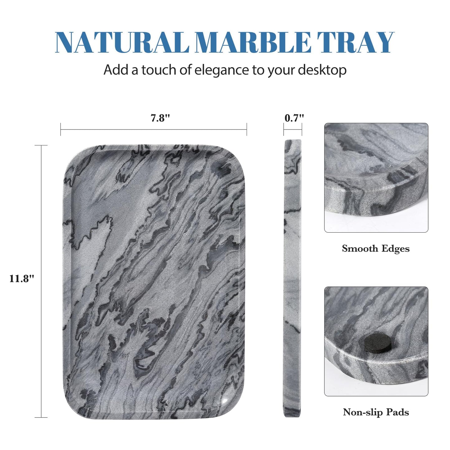 Koville Marble Tray, 12"x8" Natural Marble Vanity Tray for Countertop Bathroom Kitchen Dresser, Decorative Marble Catchall Trays for Perfume Jewelry(Grey)