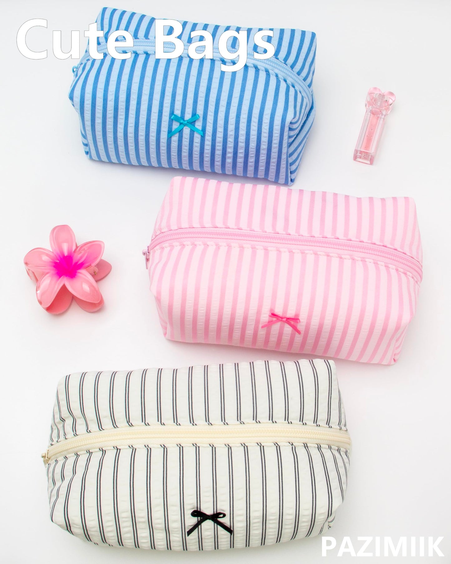 PAZIMIIK 6PCS Cozy Makeup Bag Small Aesthetic Travel Zipper Cosmetic Pouch for Women Make Up Beauty Accessories Brushes, Stripe Cute Pink