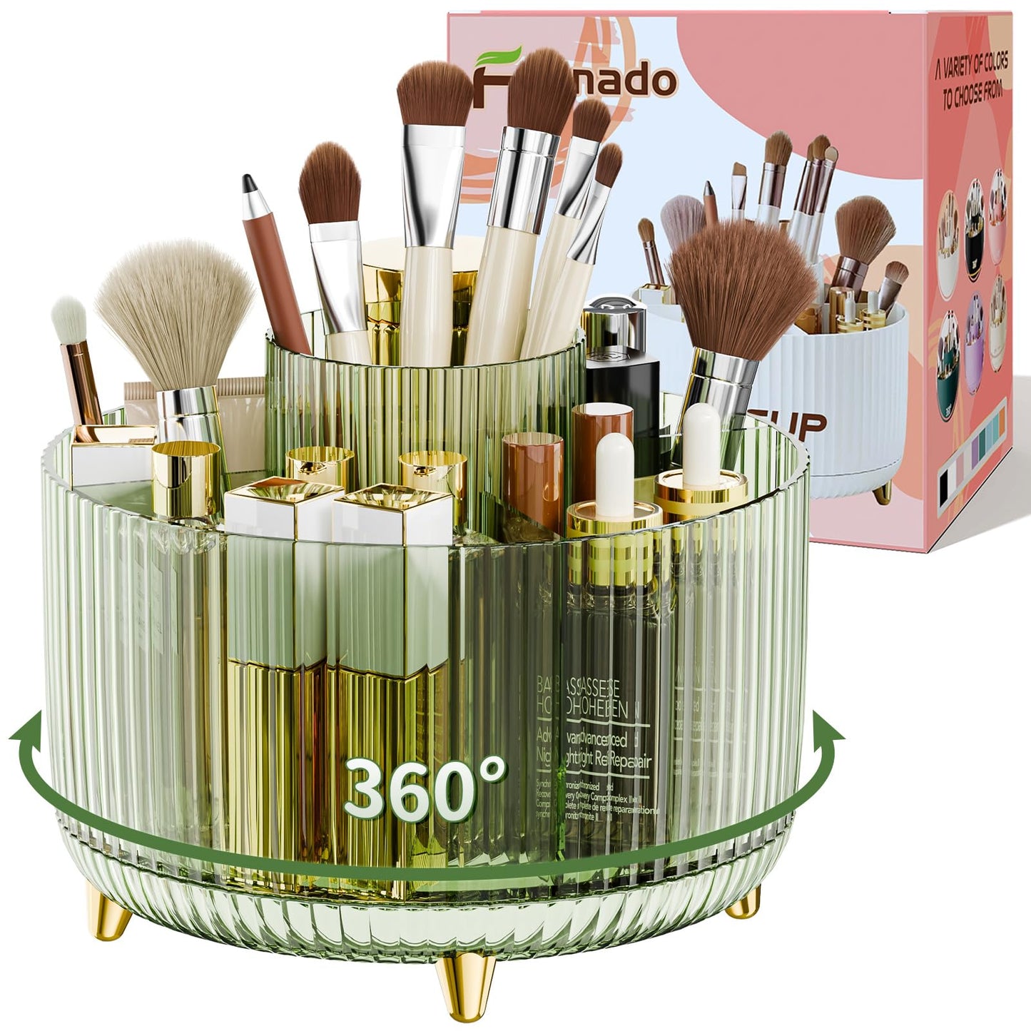 fanado 360° Rotate Makeup Brush Holder Organizer, Makeup Organizers Countertop, Makeup organization and Skincare Storage for Vanity, Desktop, Bathroom (Clear Green)