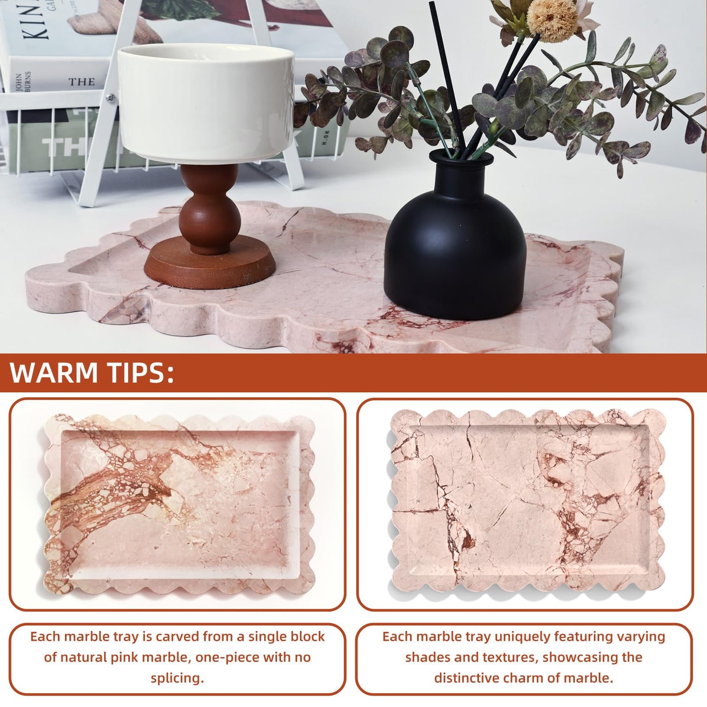 Yew & Tulip Natural Marble Vanity Tray with Scalloped Rim, Nature Rose Pink Luxury Stone Serving Tray for Bathroom, Kitchen, Vanity, Home Decor, Wedding etc. (12"x 8" x 0.6")