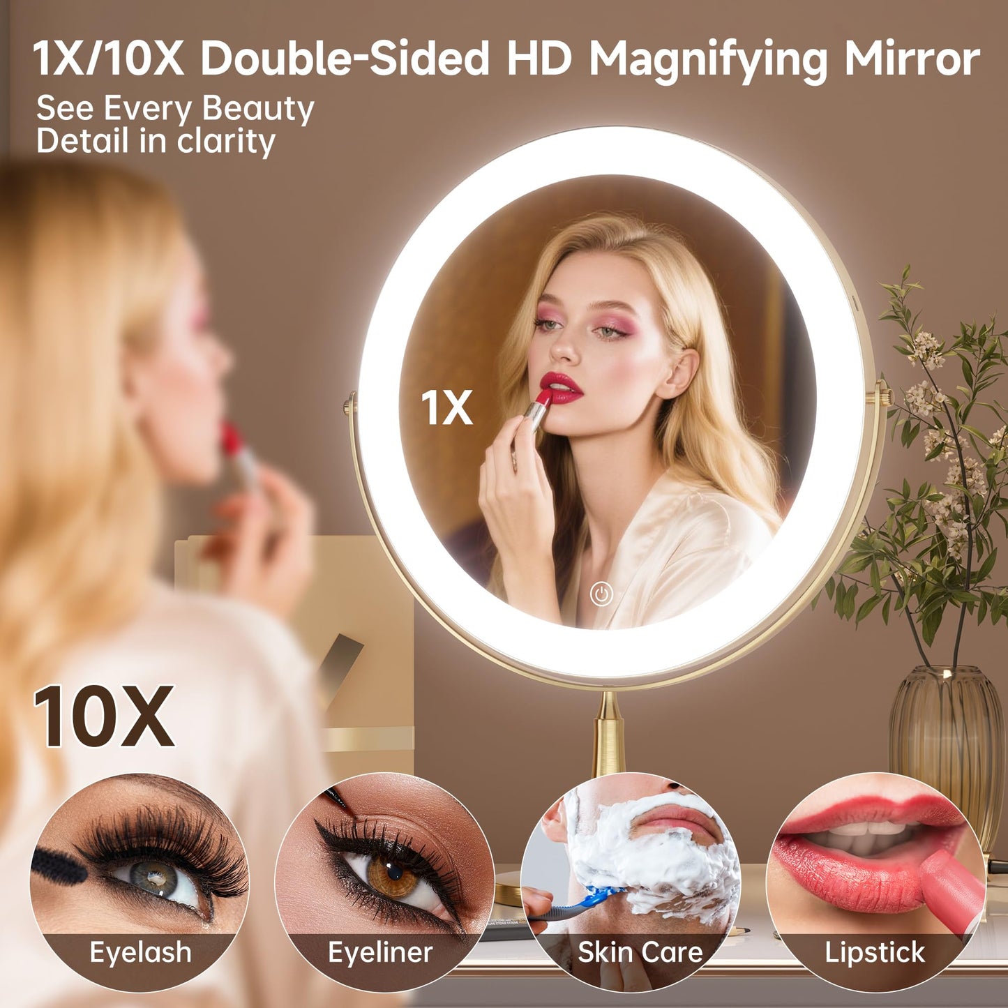 DEXHOM 11.8" Extra Large Lighted Makeup Mirror, 1X/10X, 2-Sided Magnifying Mirror with 96 LEDs, 3 Color Dimmable Lights, 360° Swivel, LED Vanity Mirror, White - Great Gift Gold