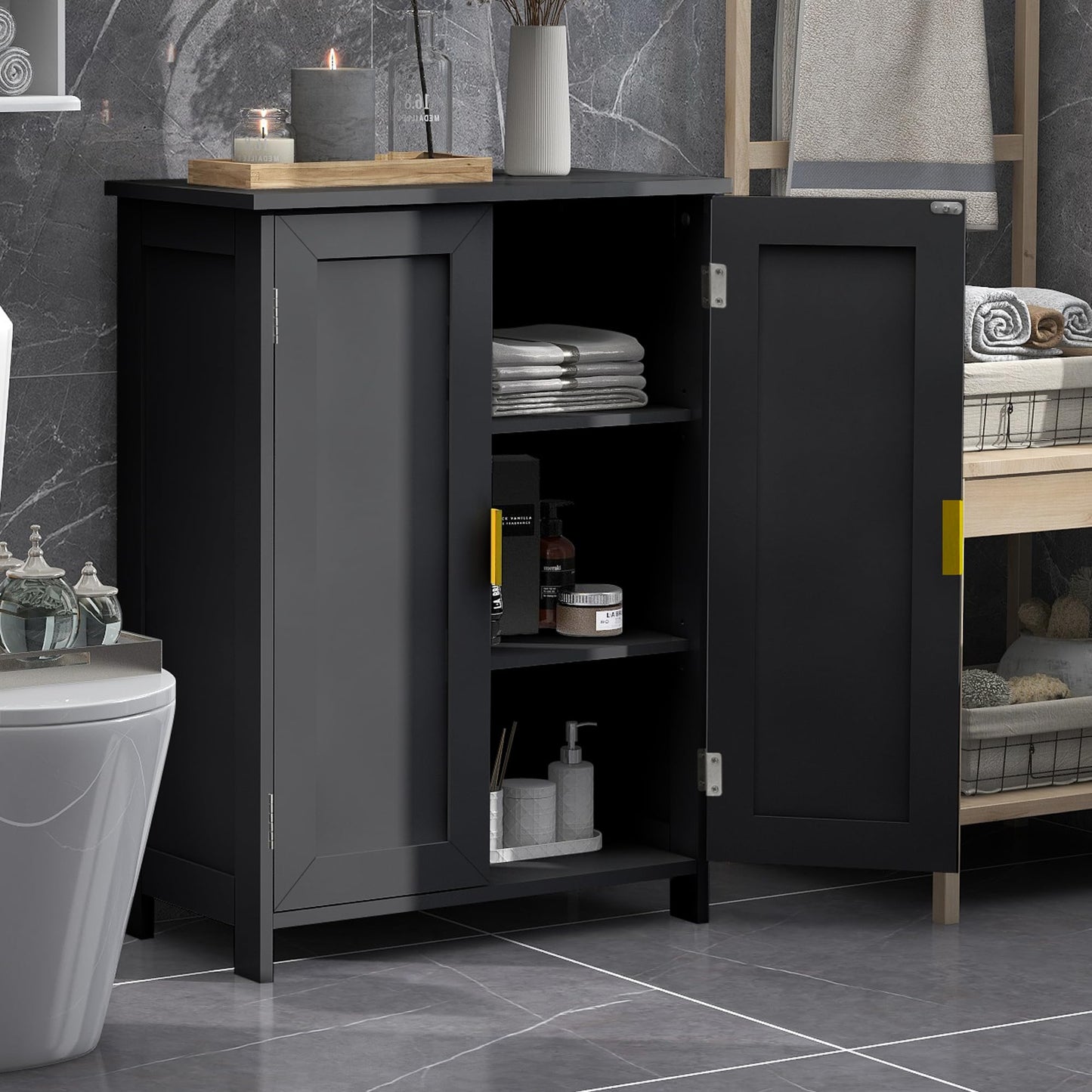 TaoHFE Black Bathroom Storage Cabinet,Bathroom Cabinets Freestanding with 2 Doors,Towel Cabinet for Bathrooms,Restroom Cabinets,Small Storage Cabinet for Office,Restaurant,Living Room