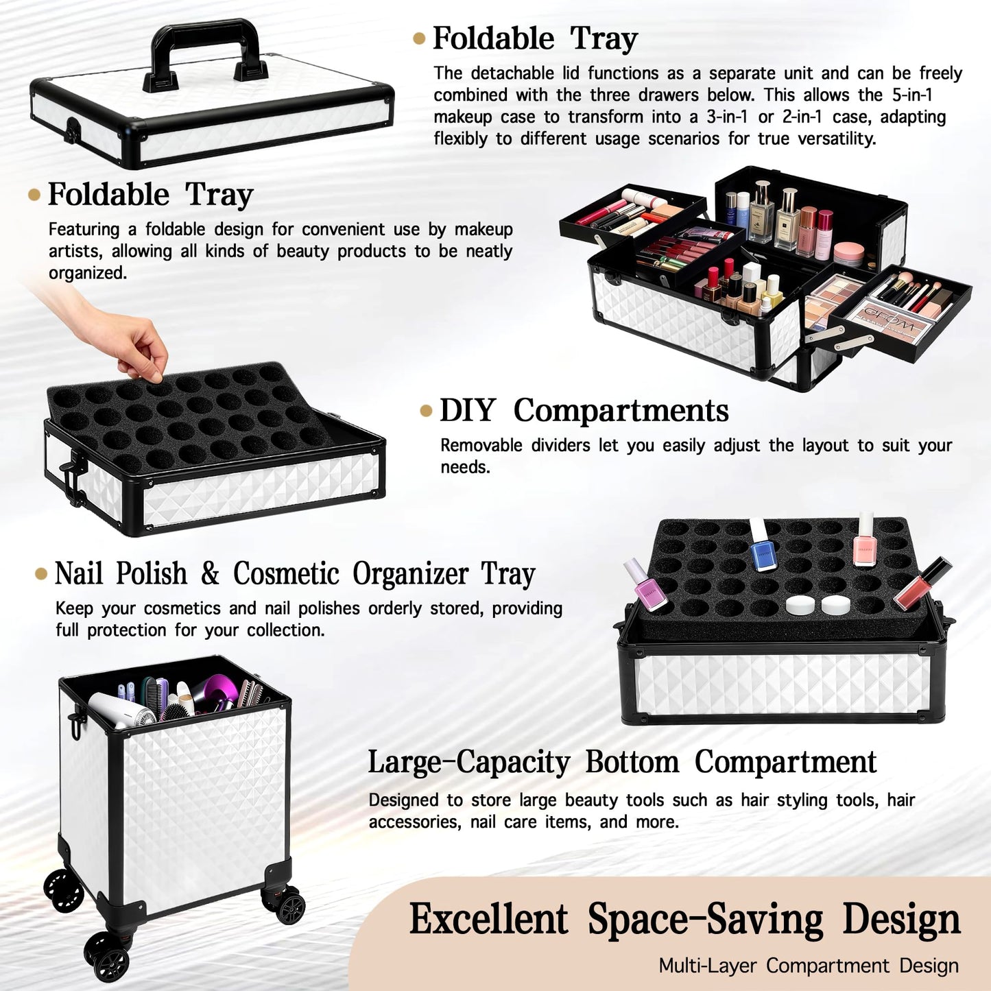 Buanson 5 in 1 Rolling Makeup Train Case on Wheels Large Cosmetic Organizer Travel Cart for Women Beauty Salon Barber Hairstylist White