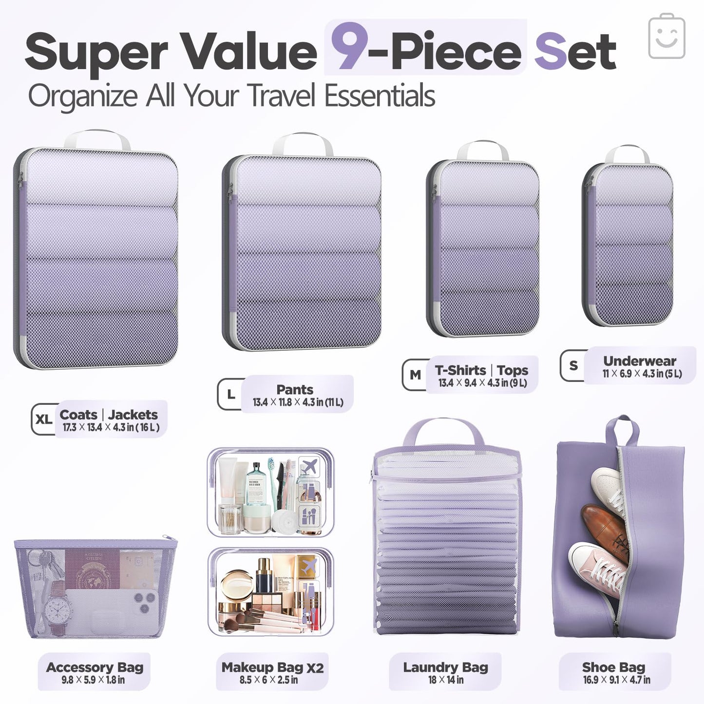 Veken 9/11 Set Compression Packing Cubes for Travel Essentials,Compressible Expandable Large Luggage Suitcase Organizer Bags for Clothing,Space Saver Bags with Over 1000 pcs of Mesh Holes(Purple Gray)