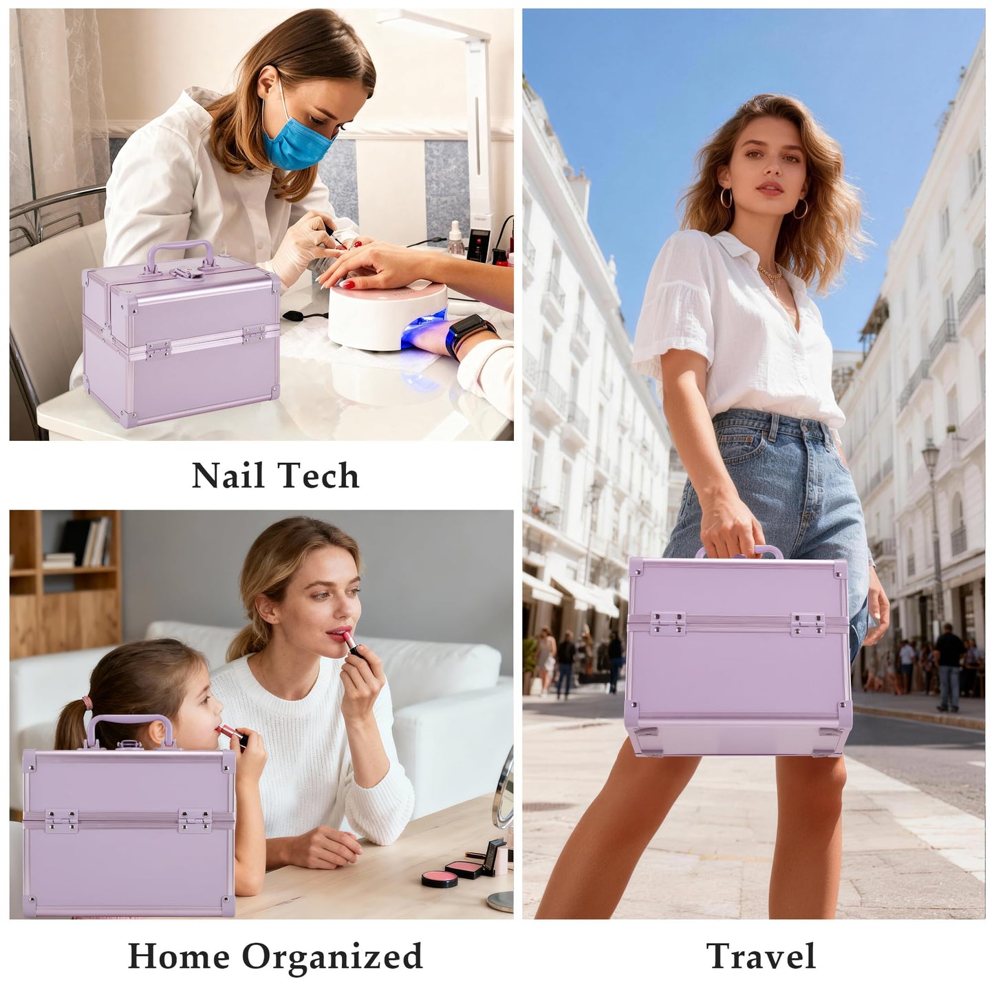 GALHUBIS Makeup Train Case, Portable Makeup Case with Mirror, 2-Trays Cosmetic Organizer Case,Nail Polish Organizer, Travel Makeup Box, Profesional for Salon Barber, Purple