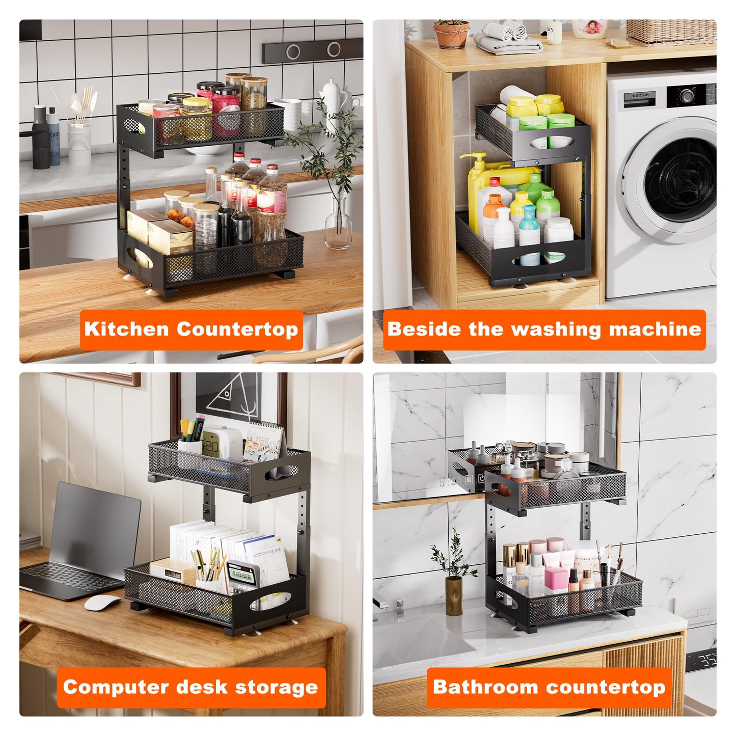 Under Sink Organizer, 2 Packs 2 Tier Under Sink Organizers and Storage, Slide Out Pull Out Cabinet Organizer Shelf, Metal Sliding Drawer for Kitchen Bathroom Pantry Cabinet Closet Organization Rack