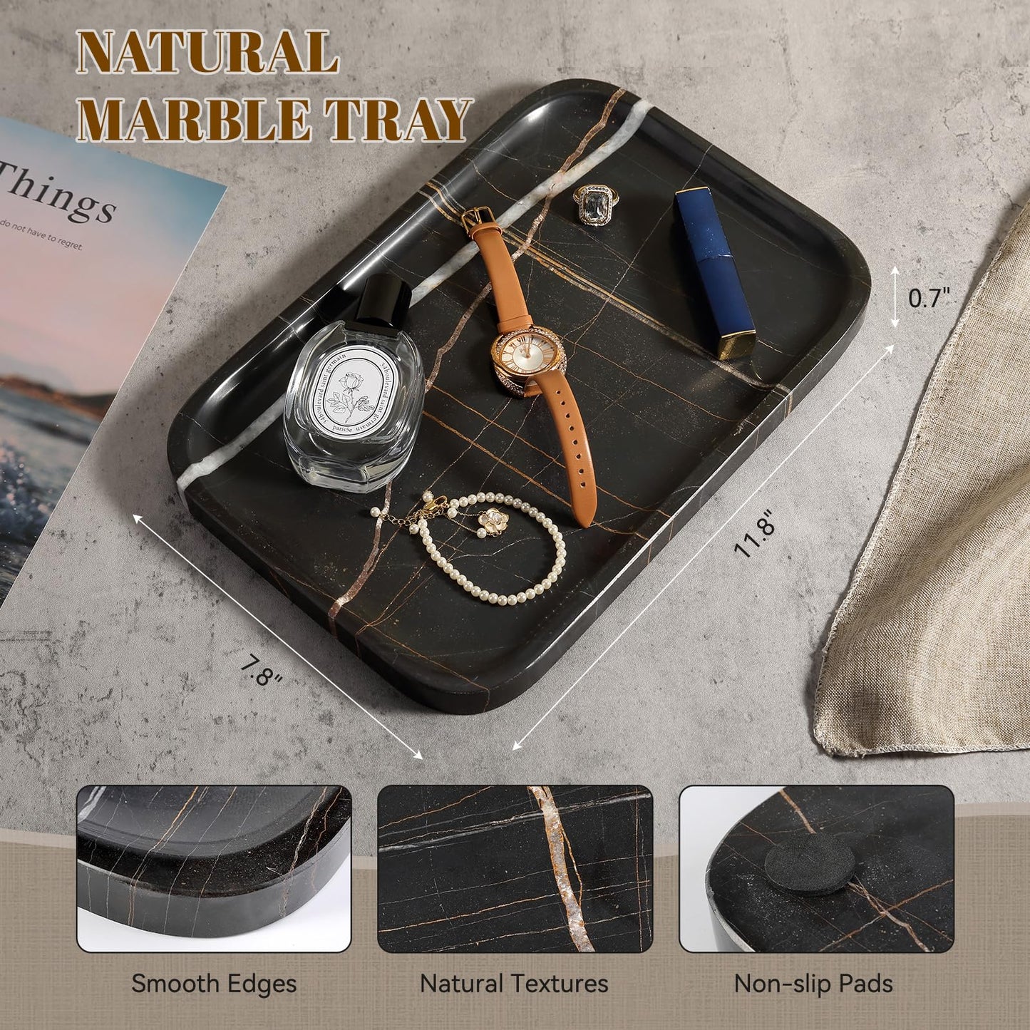 Koville Marble Tray, 12"x8" Natural Marble Vanity Tray for Countertop Bathroom Kitchen Dresser, Decorative Catchall Trays for Perfume Jewelry, Rectangular Stone Serving Tray(Black)