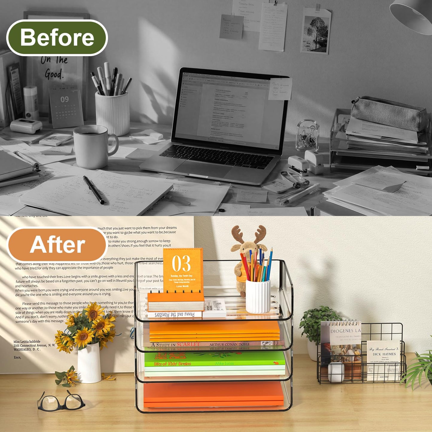 FANXIYQ 4-Tier Acrylic Paper Tray Organizer - Low-Profile Desk File Sorter for Office/Home, Clear Stackable Letter Tray for Bills, Crafts, Notebooks