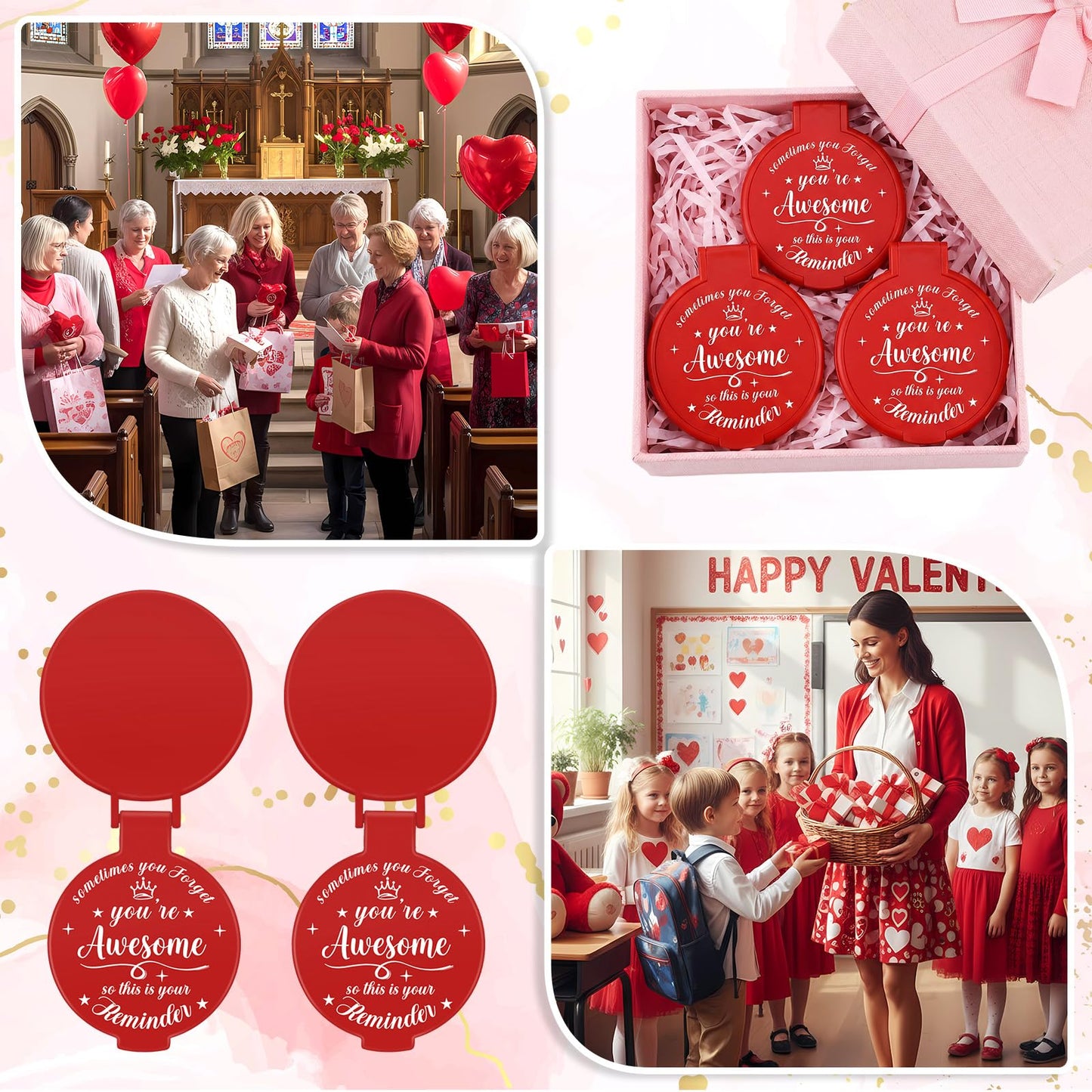Gulfmew 100 Pcs 2.76 Inch Inspirational Compact Mirror Bulk Women Small Gifts Graduation Mothers Day Party Favors Purse Mirror Pocket Mini Items for Adult Coworker Cheerleader Swag Bag (Red)