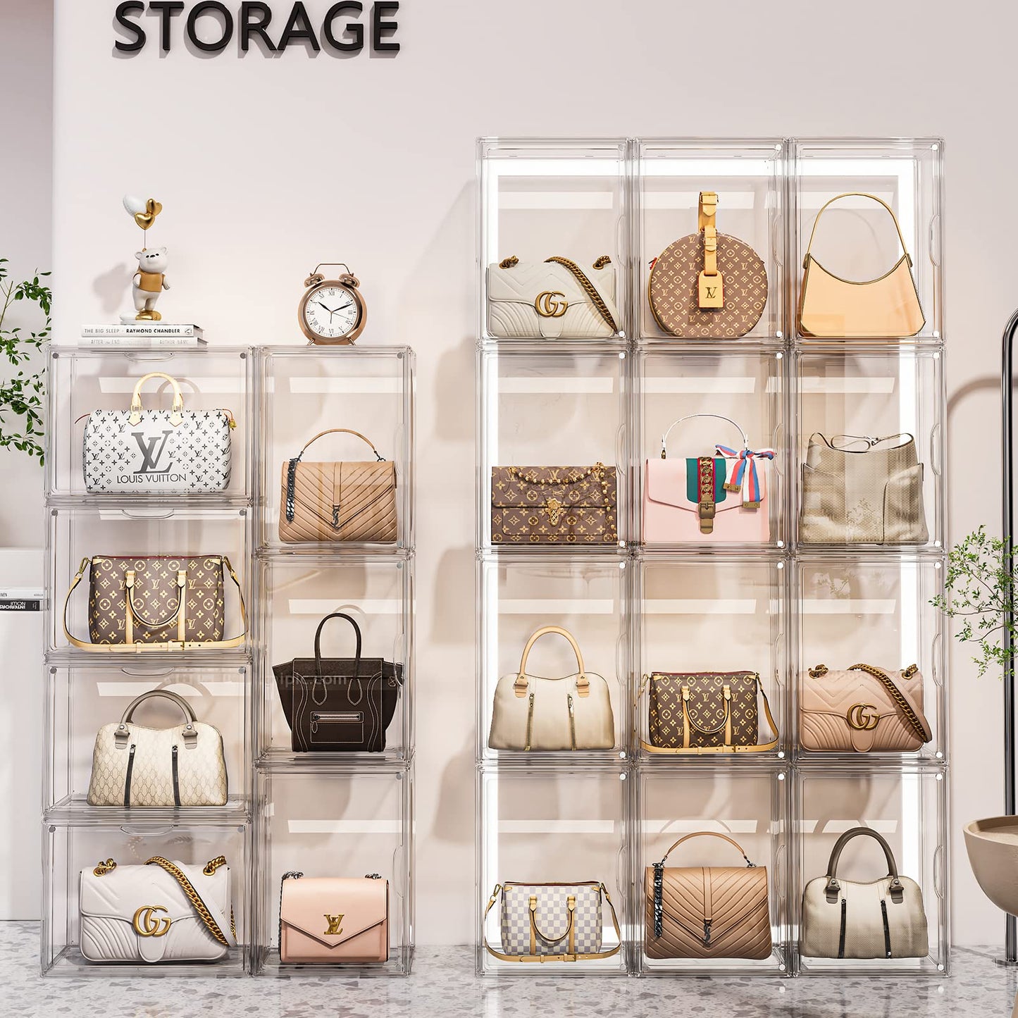 MSHOMELY Purse Organizer for Closet, 3 Pack Handbag Storage Organizer, Clear Acrylic Display Case for Collectibles, Stackable Bag Organizer with Magnetic Door for Wallet, Clutch, Figure, Toys