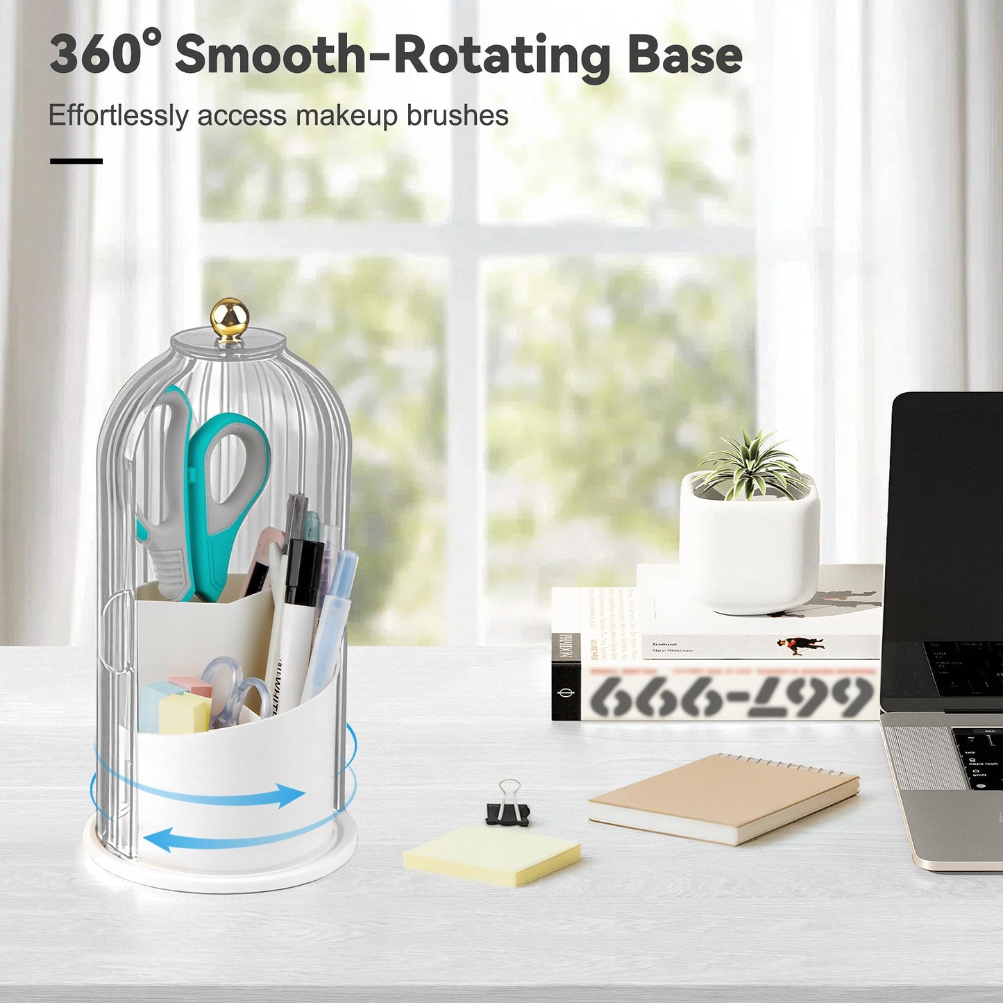 Hvygss 360° Rotating Makeup Brush Holder with Lid, Waterproof Three-Compartment Makeup Organizer, 180° Side-Pull Door Desk Organizer, Dustproof Brush Holder for Vanity and Bathroom (Transparent)