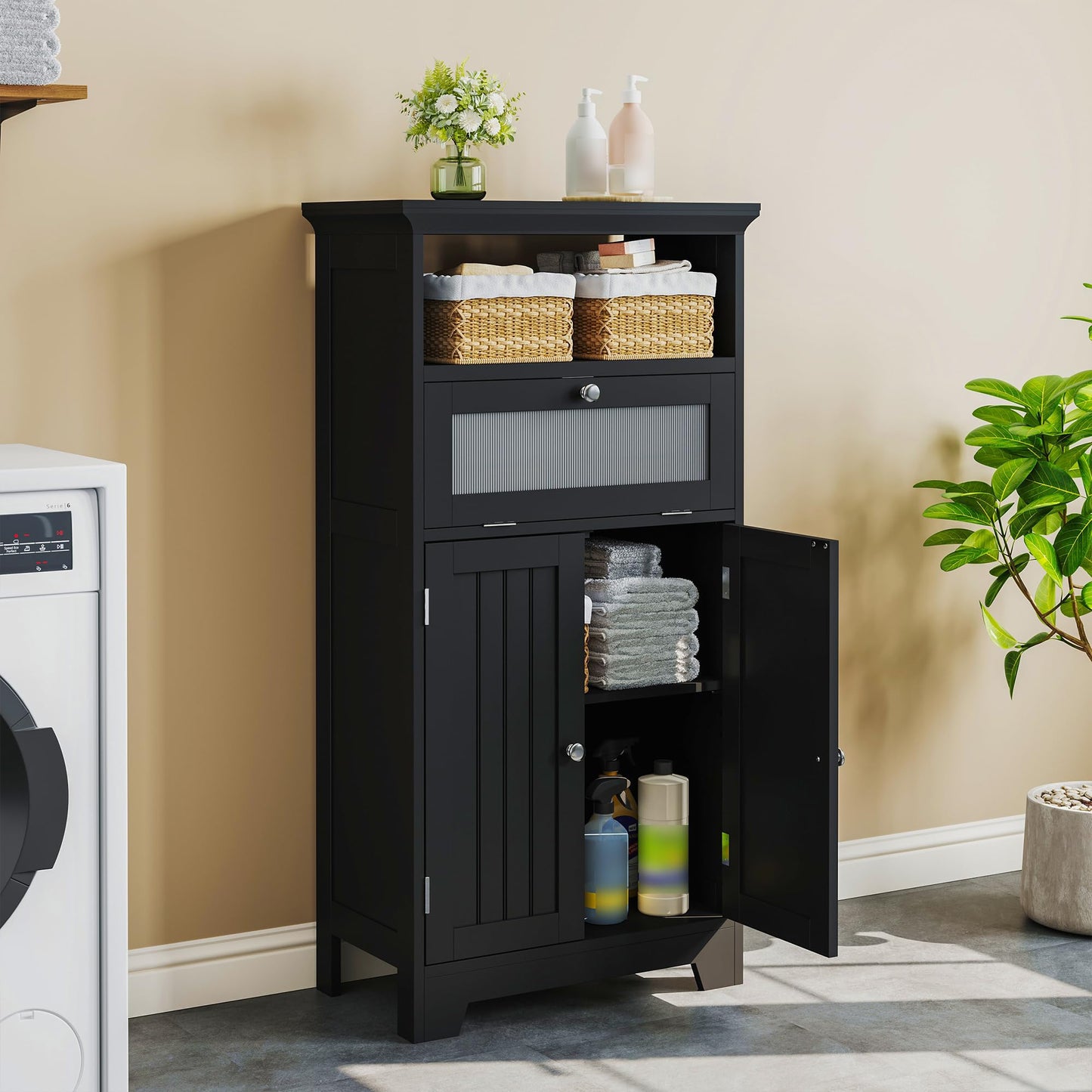 ChooChoo Freestanding Bathroom Cabinet with Flip Glass Drawer, 2 Doors, Adjustable Shelf, Open Storage for Bathroom, Living Room, Hallway, Black