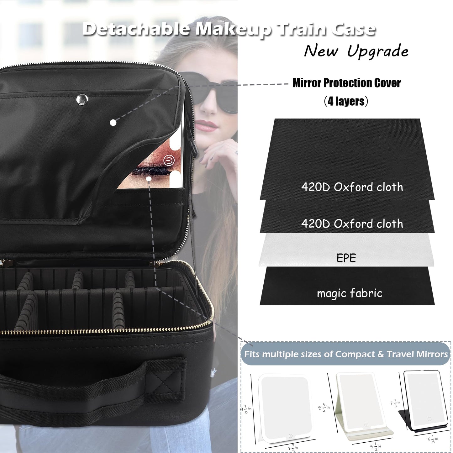 MOMIRA Travel Makeup Bag Cosmetic Bag Makeup Organizer Bag with Lighted Mirror, Adjustable Brightness in 3 Color Scenarios, Waterproof Makeup Train Case, Gift for Women - Woven black