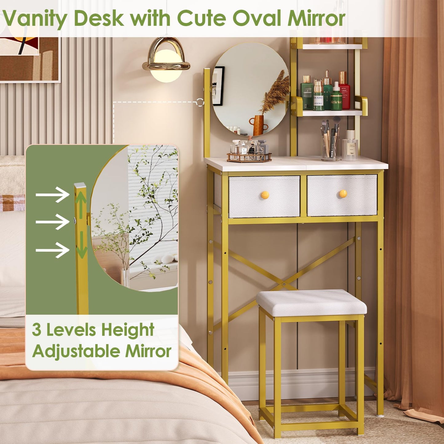 X-cosrack 19.7"W Golden Small Vanity Desk Set with Adjustable Oval Mirror & Stool for Small Space, Mini Cute Cheap Makeup Vanity Table with Opening Shelves, Drawers for Teens Kids Girls Corner Bedroom