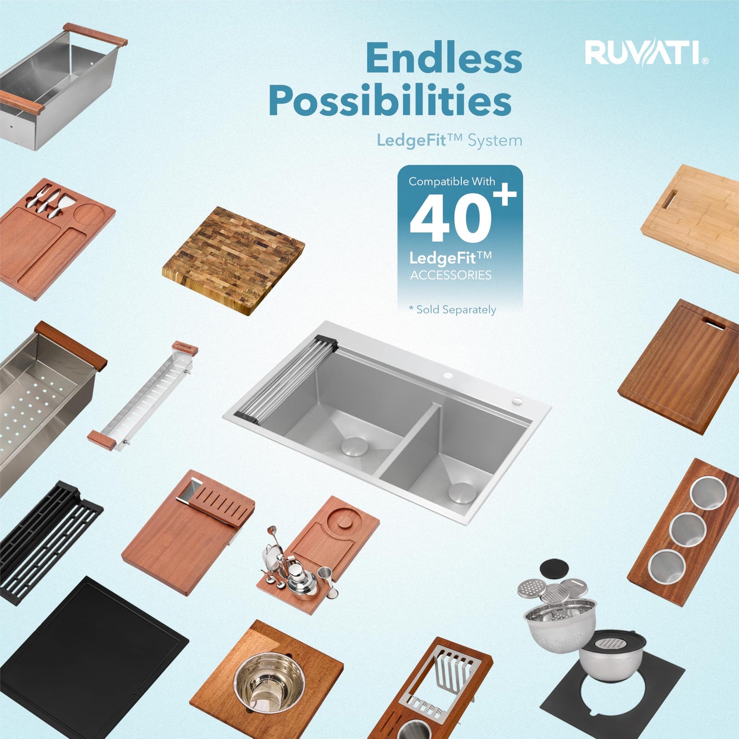 Ruvati 33 x 22 inch Workstation Drop-in 60/40 Double Bowl Topmount Tight Radius 16 Gauge Stainless Steel Ledge Kitchen Sink - RVH8035