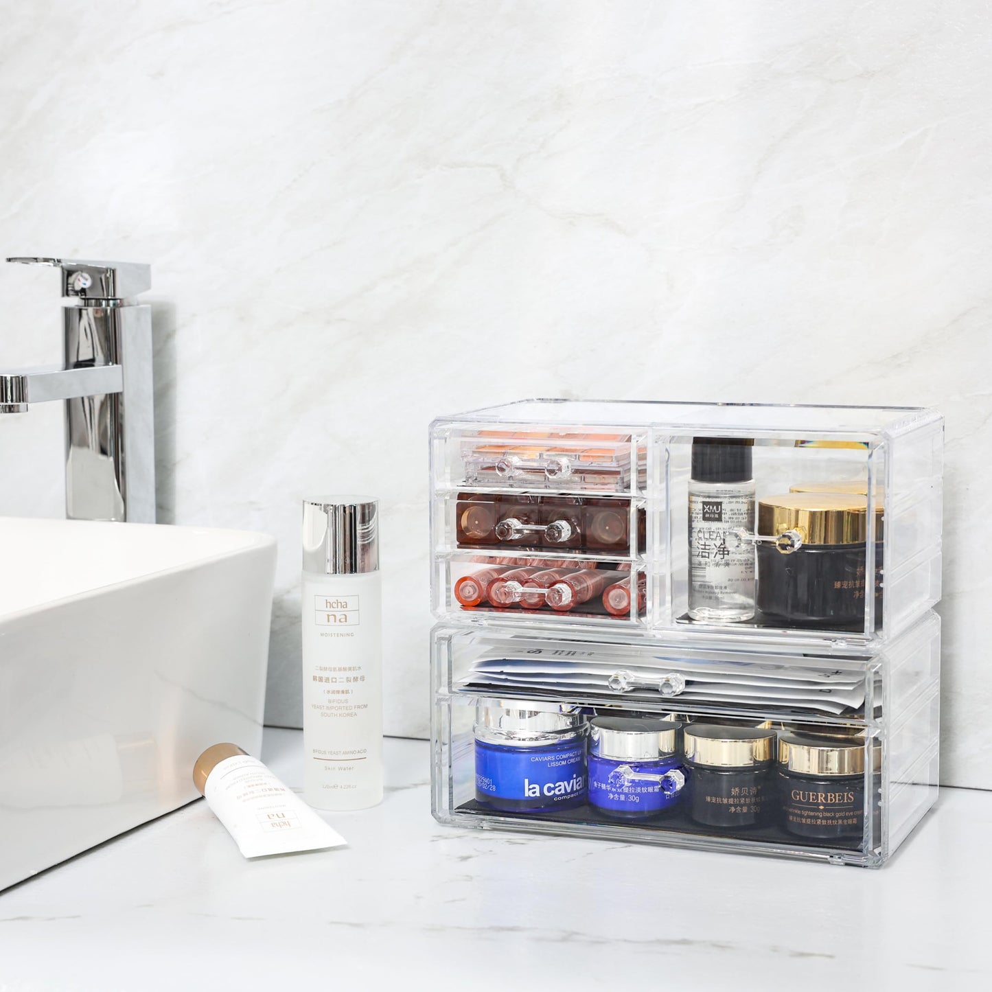Cq acrylic 2 Pack Clear Desk Organizer With Drawers,Stackable 6 Drawers Skincare Organizer,Cute Skin Care Organizers for Vanity Hair Clip,Jewelry,Beauty Product Desk and Makeup Organizers Countertop
