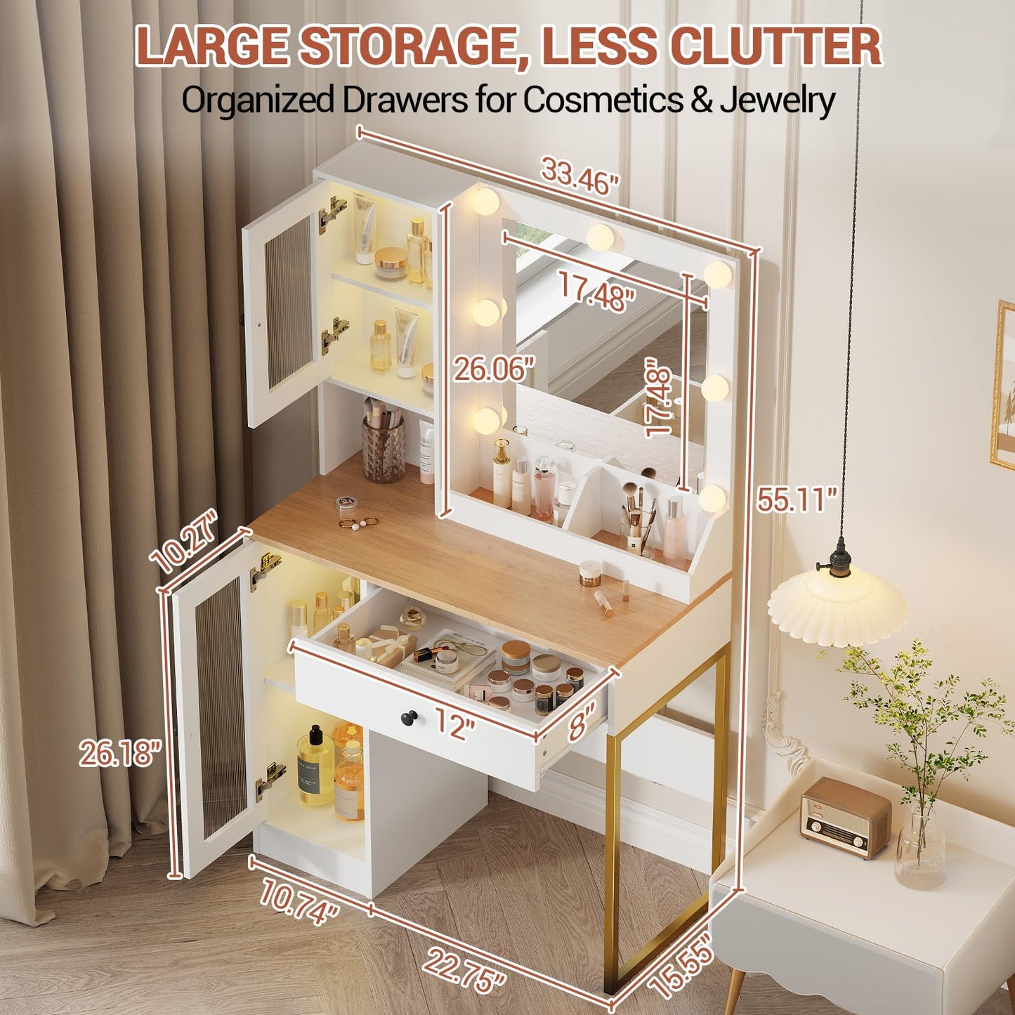IDEALHOUSE Makeup Vanity Desk with Mirror and Lights, Vanity Table with Charging Station, 2 Open Compartments, 2 Acrylic-Door Cabinets, and RGB Lights Wood Dressing Table for Bedroom