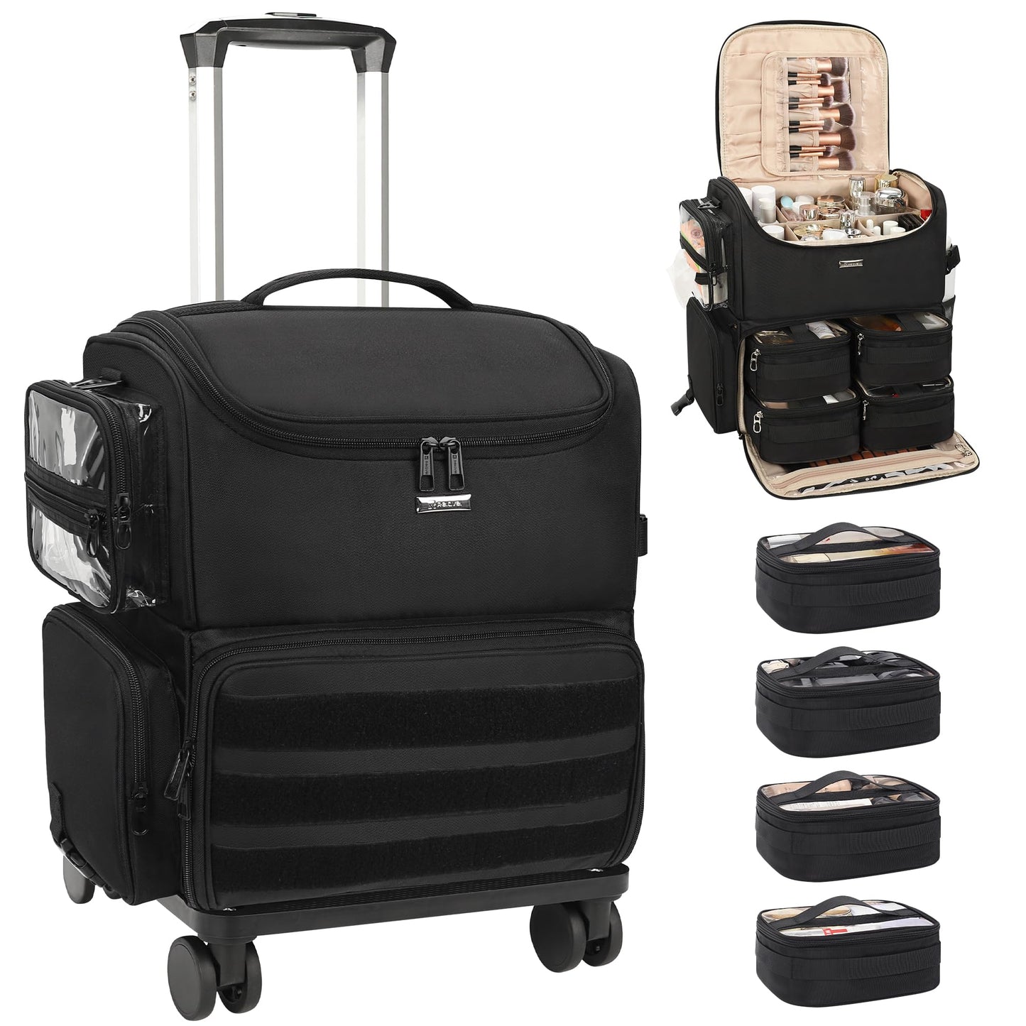 Relavel Rolling Makeup Train Case, Cosmetology Case on Wheels with 4 Clear Bags, Professional Makeup Artist Set Bags Cosmetic Storage Organizer with Adjustable Dividers, 360° Spinner Wheels, Black