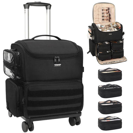 Relavel Rolling Makeup Train Case, Cosmetology Case on Wheels with 4 Clear Bags, Professional Makeup Artist Set Bags Cosmetic Storage Organizer with Adjustable Dividers, 360° Spinner Wheels, Black