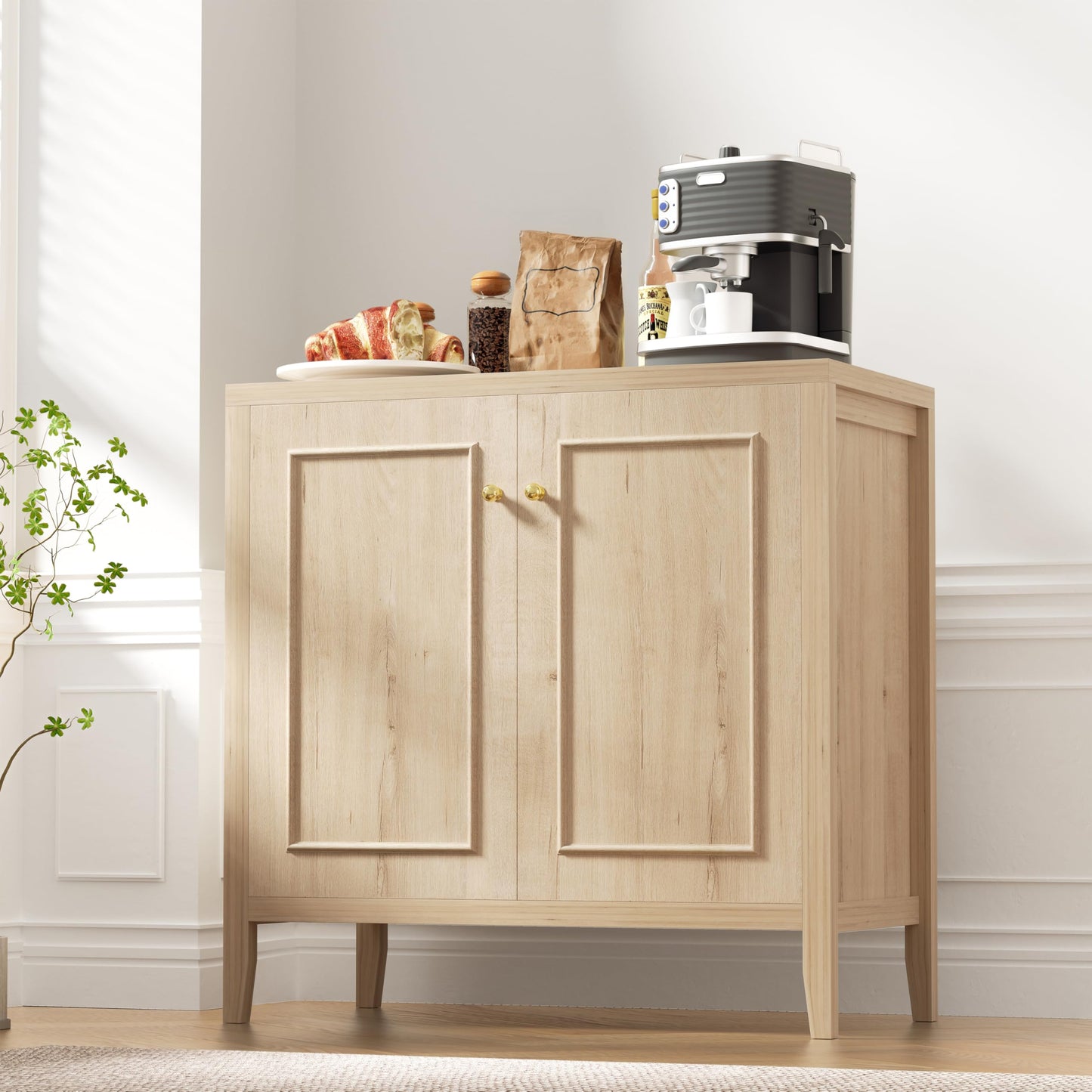 VDNEND Floor Sideboard Buffet Cabinets with Adjusable Shelves, Farmhouse 2 Doors Storage Cabinet for Kitchen, Bathroom, Living Room, Coffee Bar, Office, Entryway Organizer - (White-Oak)