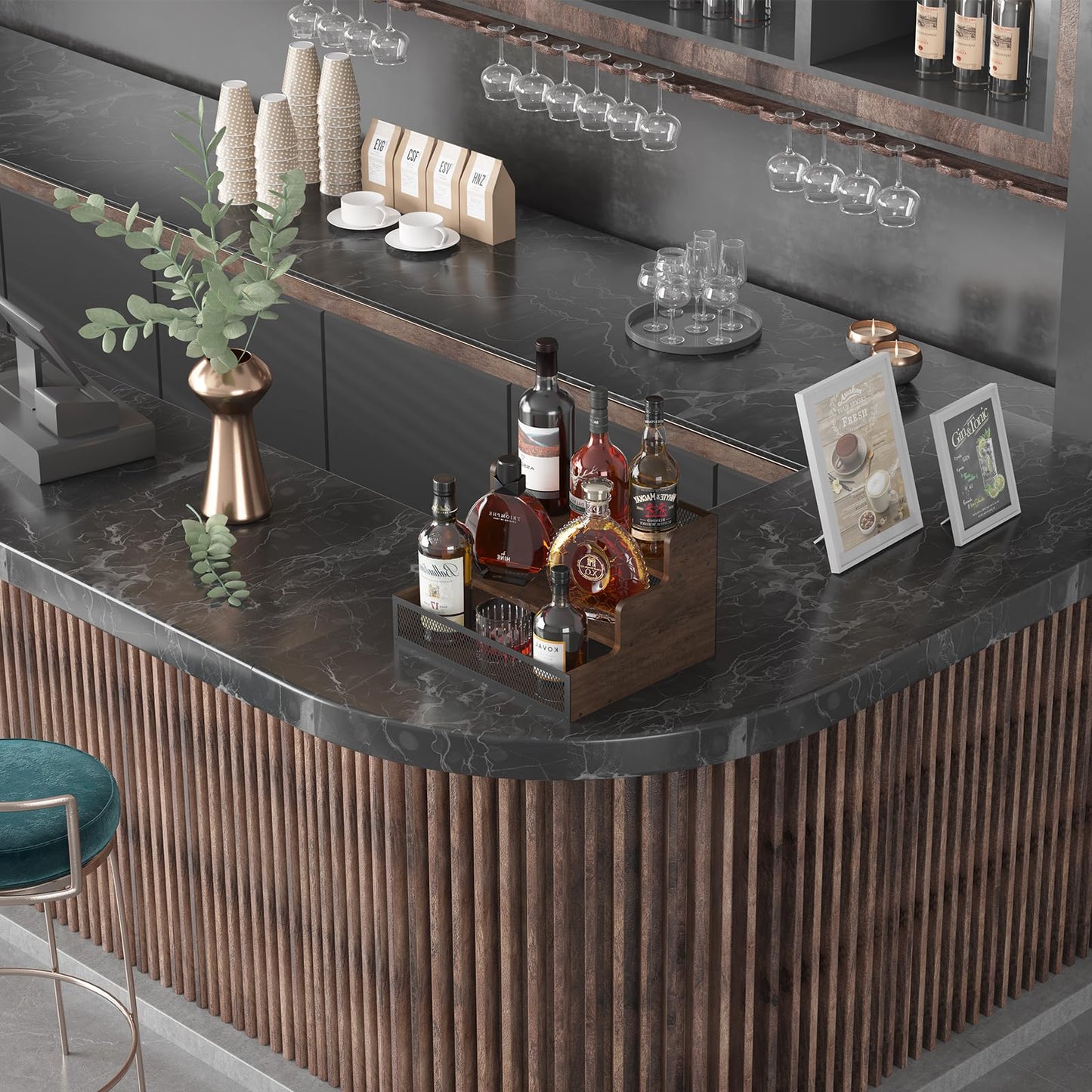 KOKSTOP 3-Tier Liquor Bottle Display Shelf, Rustic Wooden Bottle Holder Stand for Liquor Whiskey Wine Coffee Bottle Display with Fences, Storage Countertop Shelf for Café, Bar, Office Station