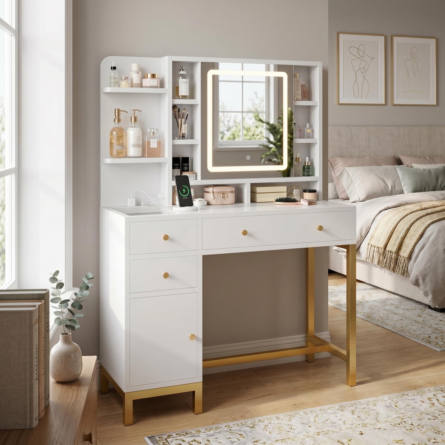 BouPower White Makeup Vanity Desk with Adjustable LED Light Mirror, Dressing Table with Power Charging Station, 3 Lighting Colors, Modern Bedroom Vanity Table