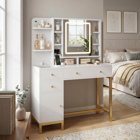 BouPower White Makeup Vanity Desk with Adjustable LED Light Mirror, Dressing Table with Power Charging Station, 3 Lighting Colors, Modern Bedroom Vanity Table