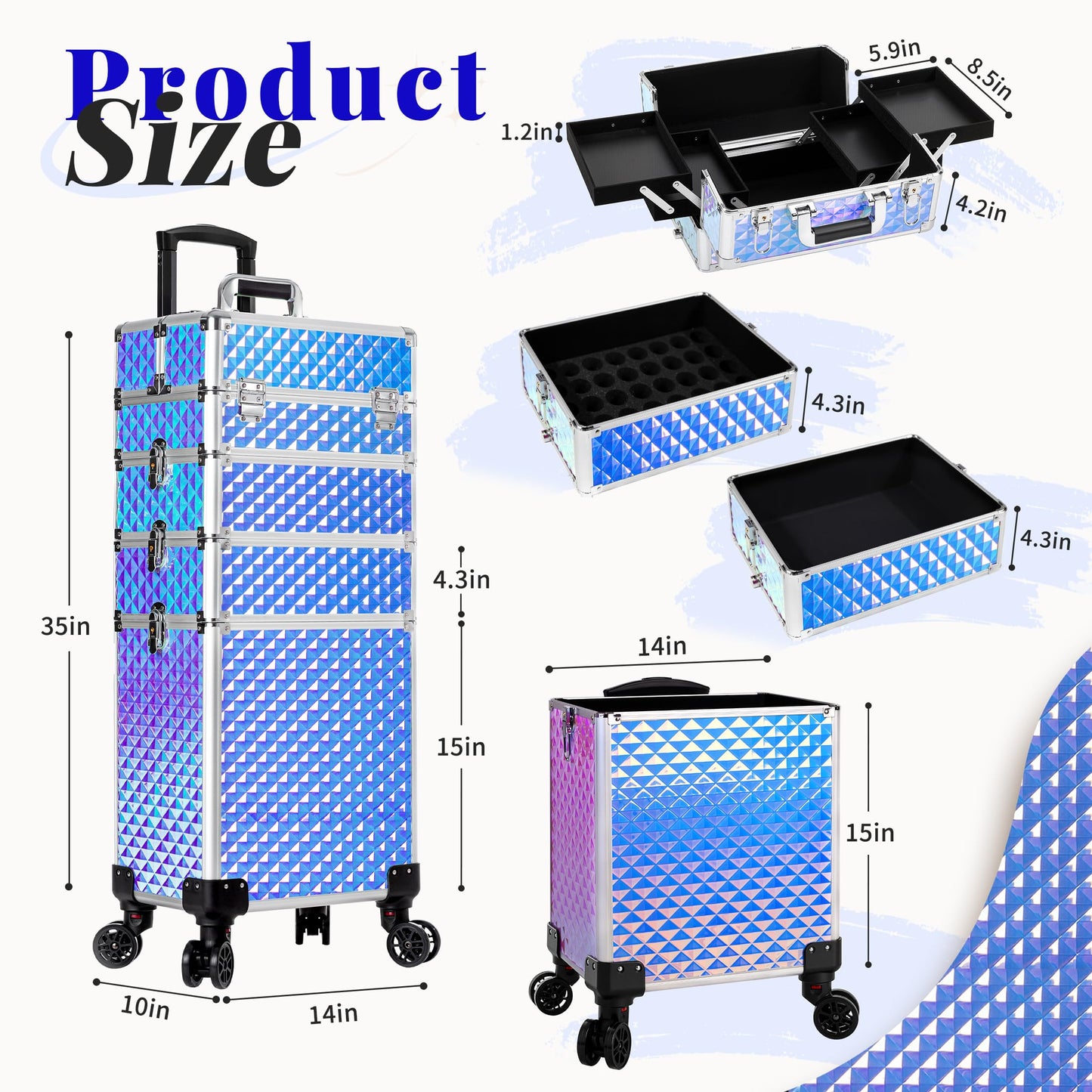 AROUS Rolling Makeup Train Case 4 in 1 Cosmetology Case on Wheels Large Storage Cosmetic Trolley with Key Salon Barber Case Traveling Cart Trunk, Colorful