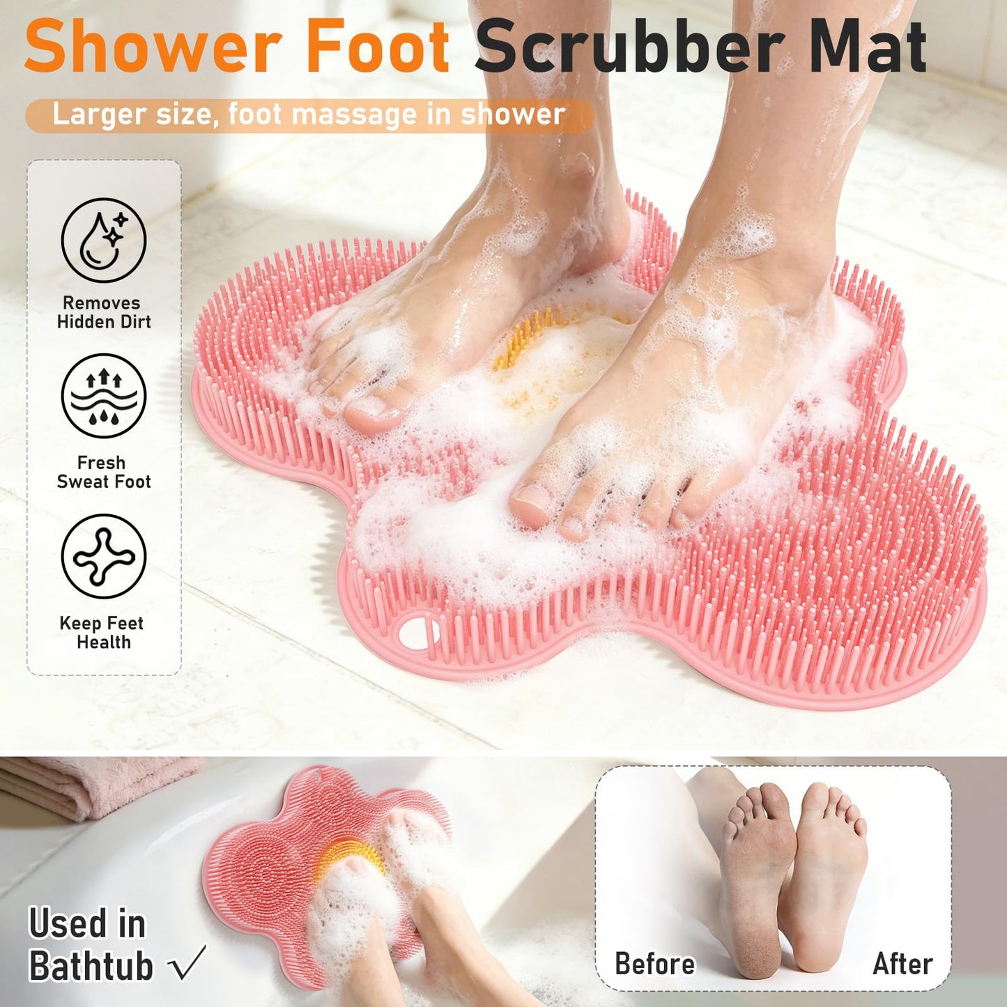 Mabnuby Shower Foot Scrubber in Shower, Silicone Back Exfoliating Cleaning Mat with Non-Slip Suction Cups Feet Cleaner Massaging Pad Without Bending Over Lather Well for Bath Wall Floor, Pink Flower