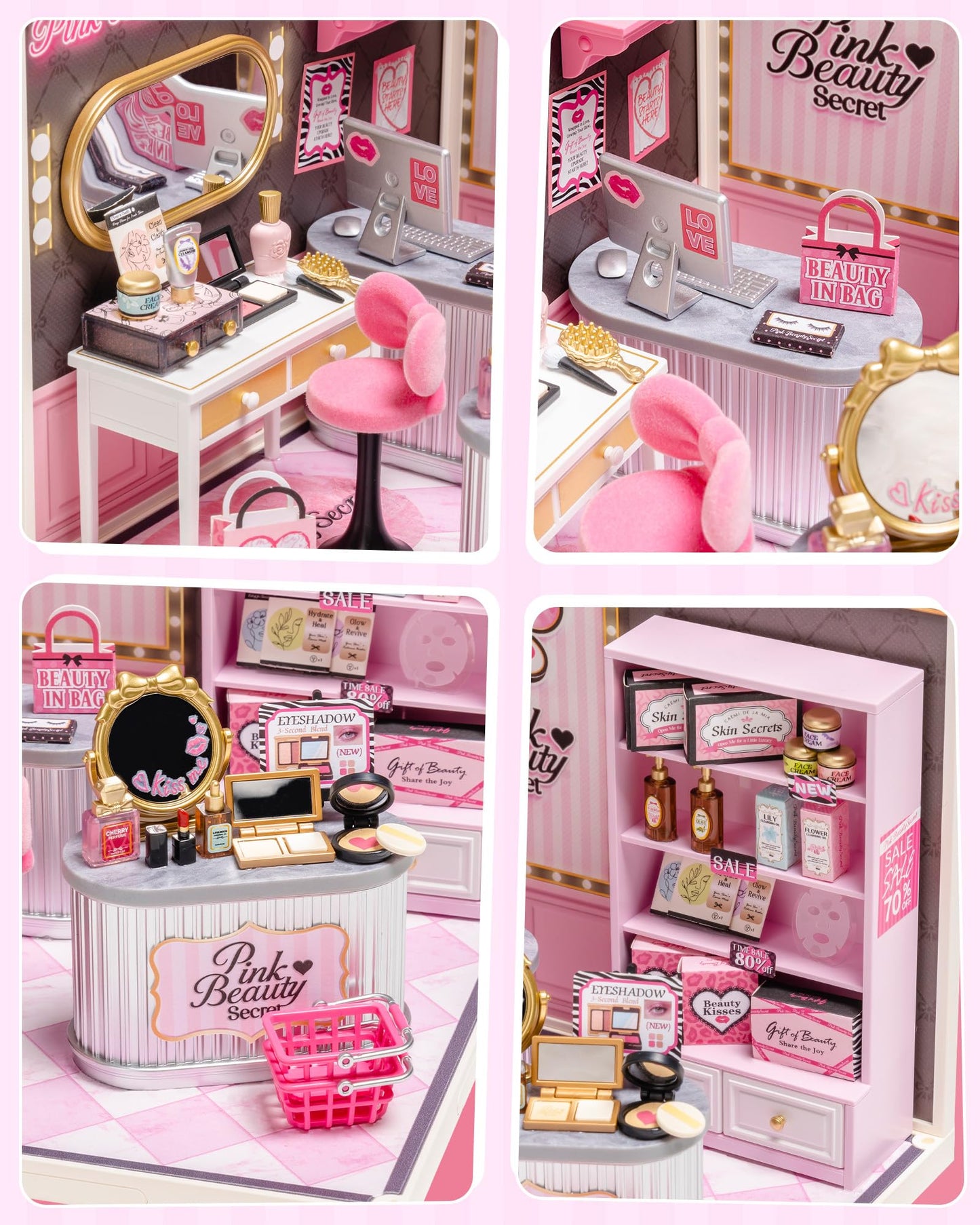 Rolife Super Creator Pink Beauty Secret DIY Miniature House Kit - No Glue Plastic Click-Assembly Dollhouse with Type-C LED Light - Stackable Room Box Toy for Adults and Teens (115 PCS)