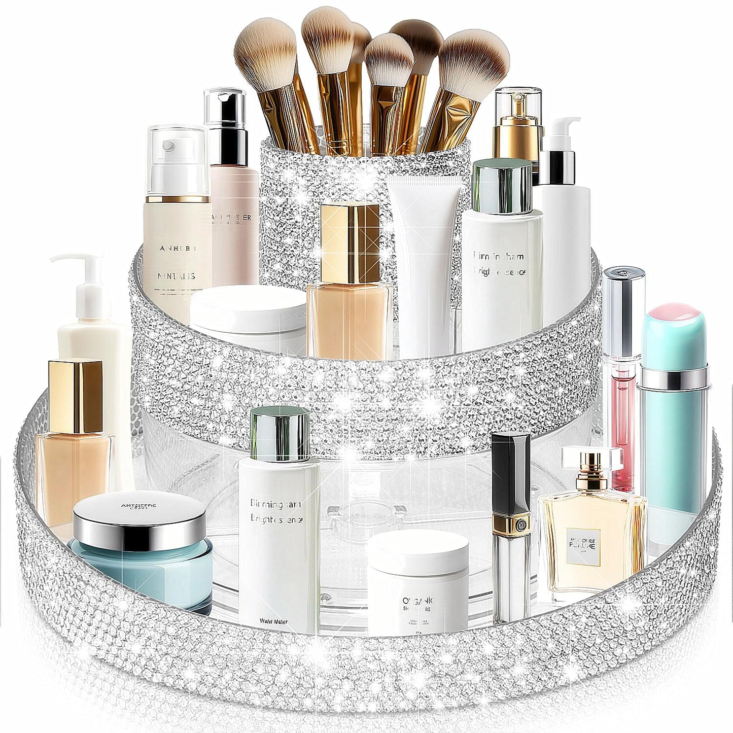 Yivaiks Bling 360 Rotating Makeup Organizer,Shiny Lazy Susan Cosmetic Storage Turntable for Skincare,Perfume & Lipstick,Glitter Round Spinning Tray with Brush Holder for Vanity,Bathroom (10"L x 10"W)
