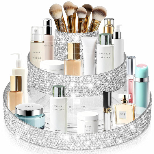 Yivaiks Bling 360 Rotating Makeup Organizer,Shiny Lazy Susan Cosmetic Storage Turntable for Skincare,Perfume & Lipstick,Glitter Round Spinning Tray with Brush Holder for Vanity,Bathroom (10"L x 10"W)