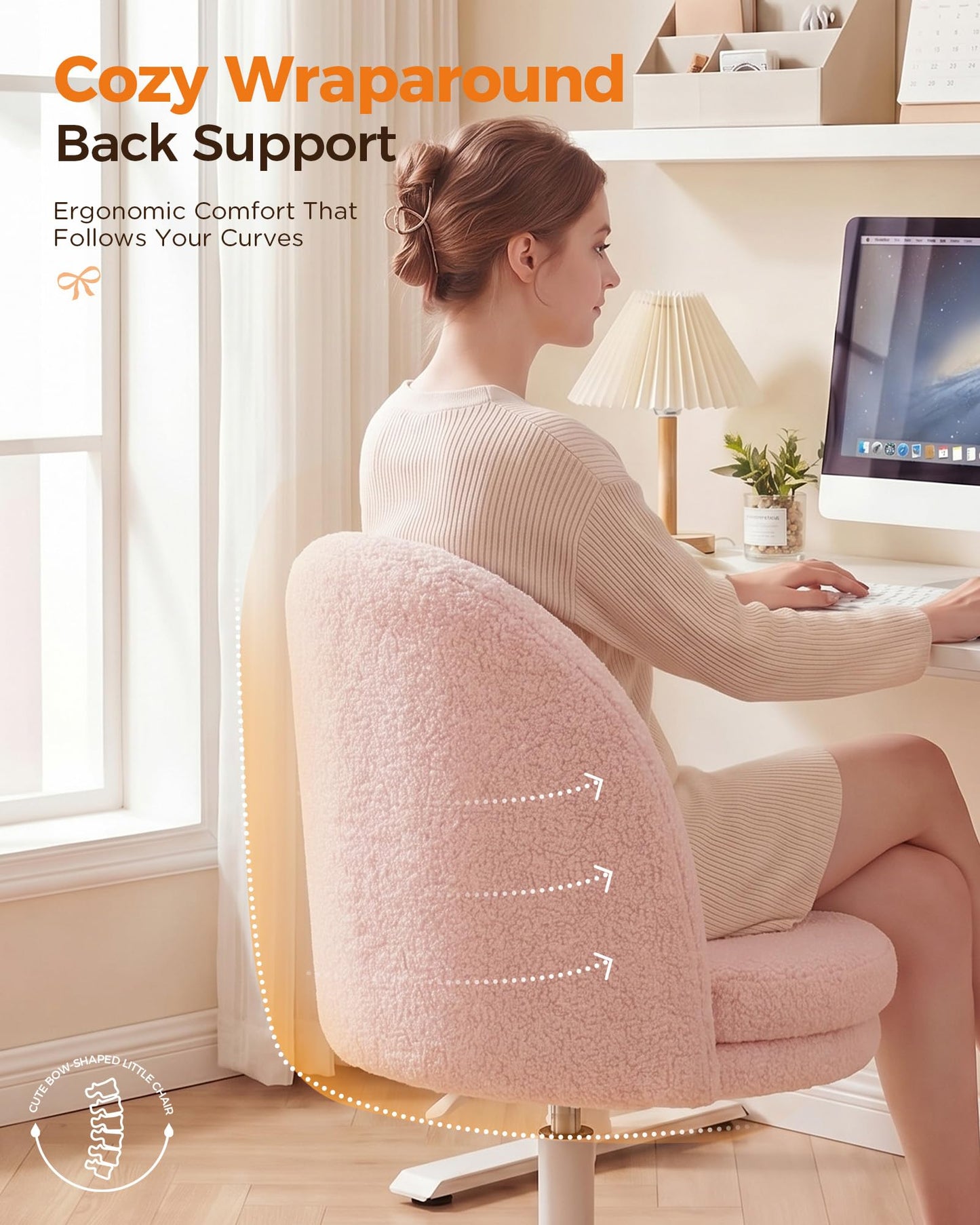 GTPLAYER Velvet Tall Office Chair with Wheels Vanity Chairs with Back, Versatile Height Use: Office to Bar Stools Small Ergonomic Comfy Armlees Computer Desk Chair with Bow Lumbar Pillow for Gift