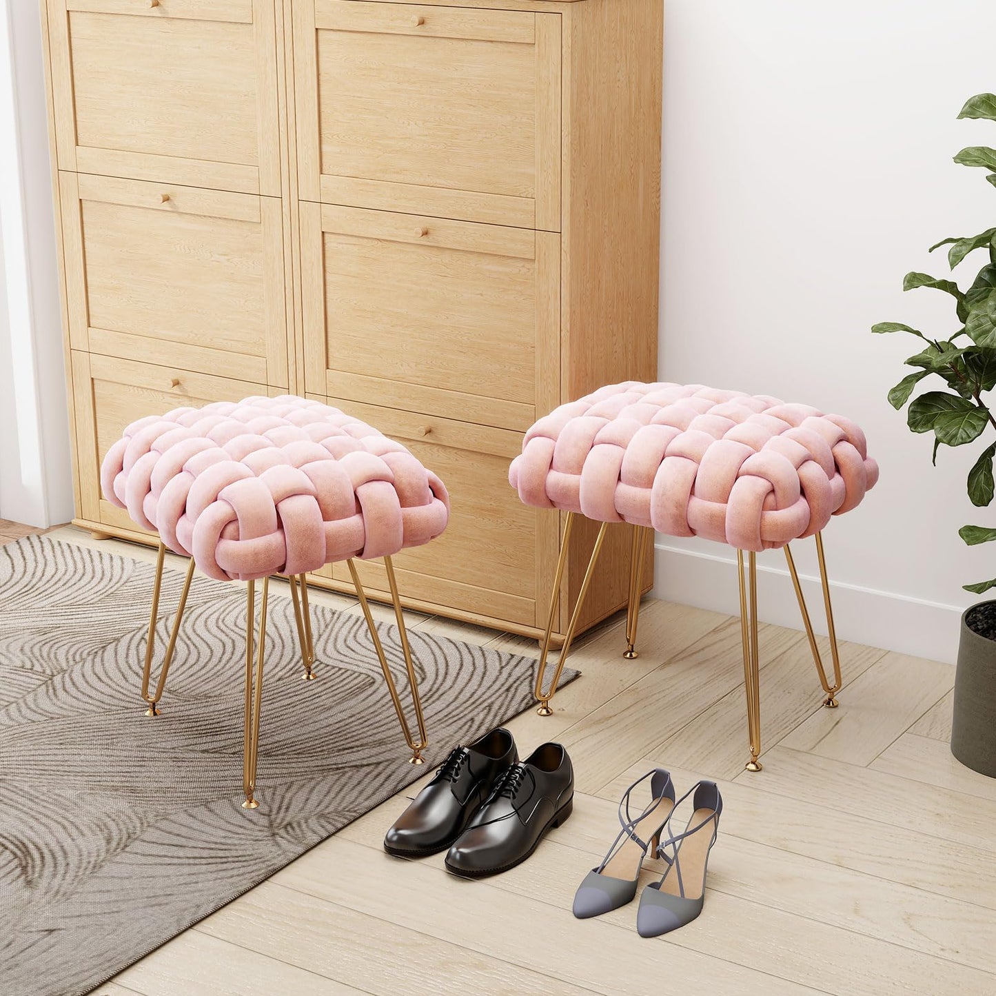 Sefulei Upholstered Velvet Vanity Stool, Hand-Woven Makeup Vanity Chair with Gold Metal Legs, Modern Foot Stool Ottoman for Living Room Bedroom, Easy Assembly (Pink)