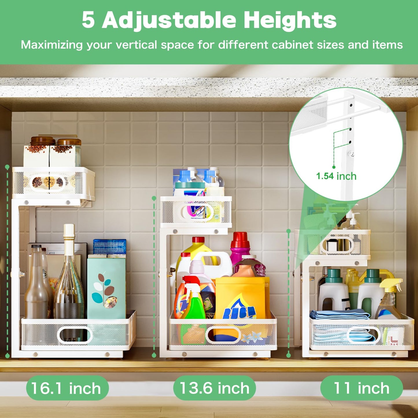 Dolesman Under Sink Organizer, High Adjustable 2 Tier Under Sink Organizers and Storage, Slide out Metal Cabinet Organizers, Pull out Storage Drawer Shelf for Kitchen Bathroom Cabinet (1, White)