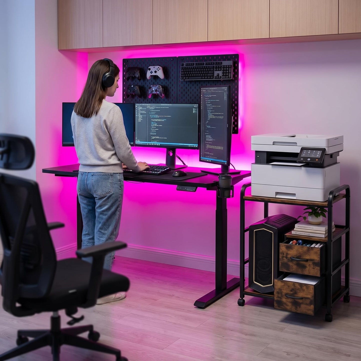ZEXVIDA Printer Stand Featuring Fabric Drawers, Under Desk Host Computer Cabinet and Shredder Shelf, Heavy Duty Printer Stand with Storage Workstation Organization Printer Table for Home Office