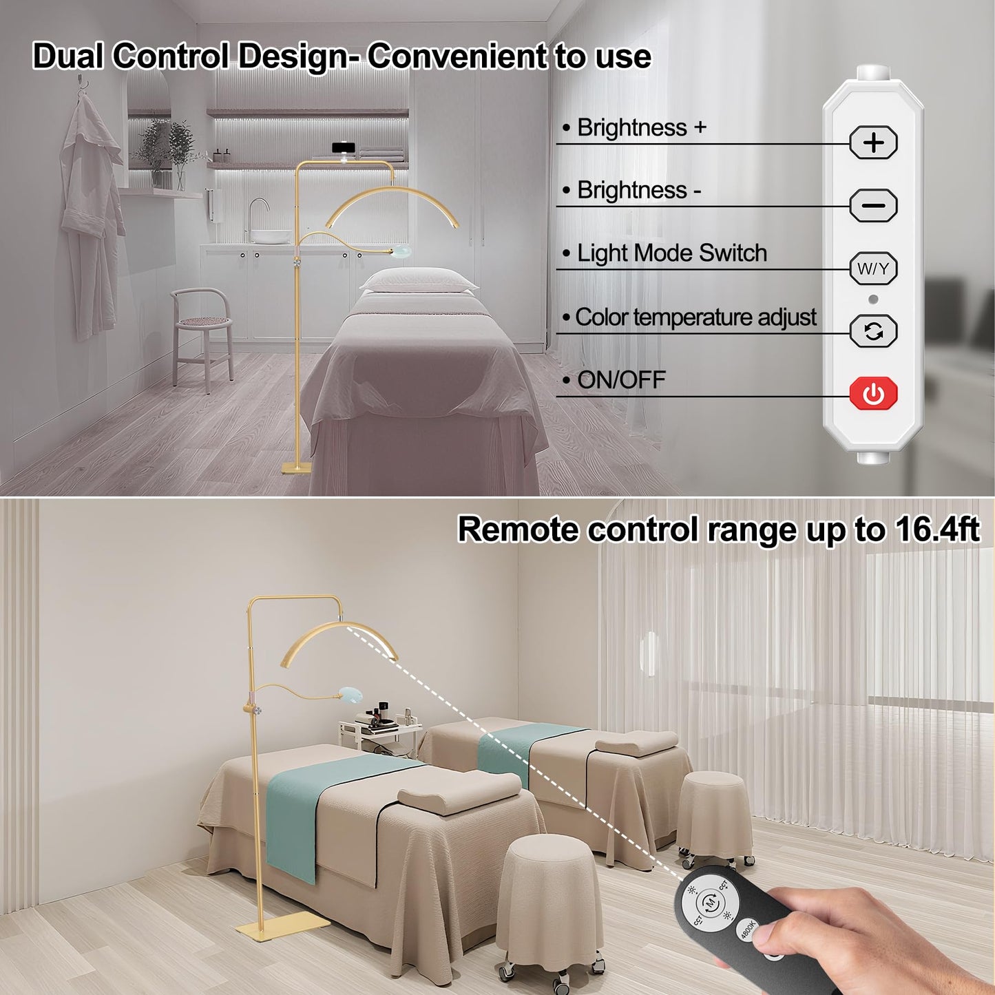 AURELLE Half Moon Lash Light - Adjustable LED Floor Lash Lamp with 4X Magnifier & Phone Holder for Eyelash Extensions,Nail Art,Tattoo,Skincare,Salon SPA-Dimmable Brightness,Rotating Head, Gold