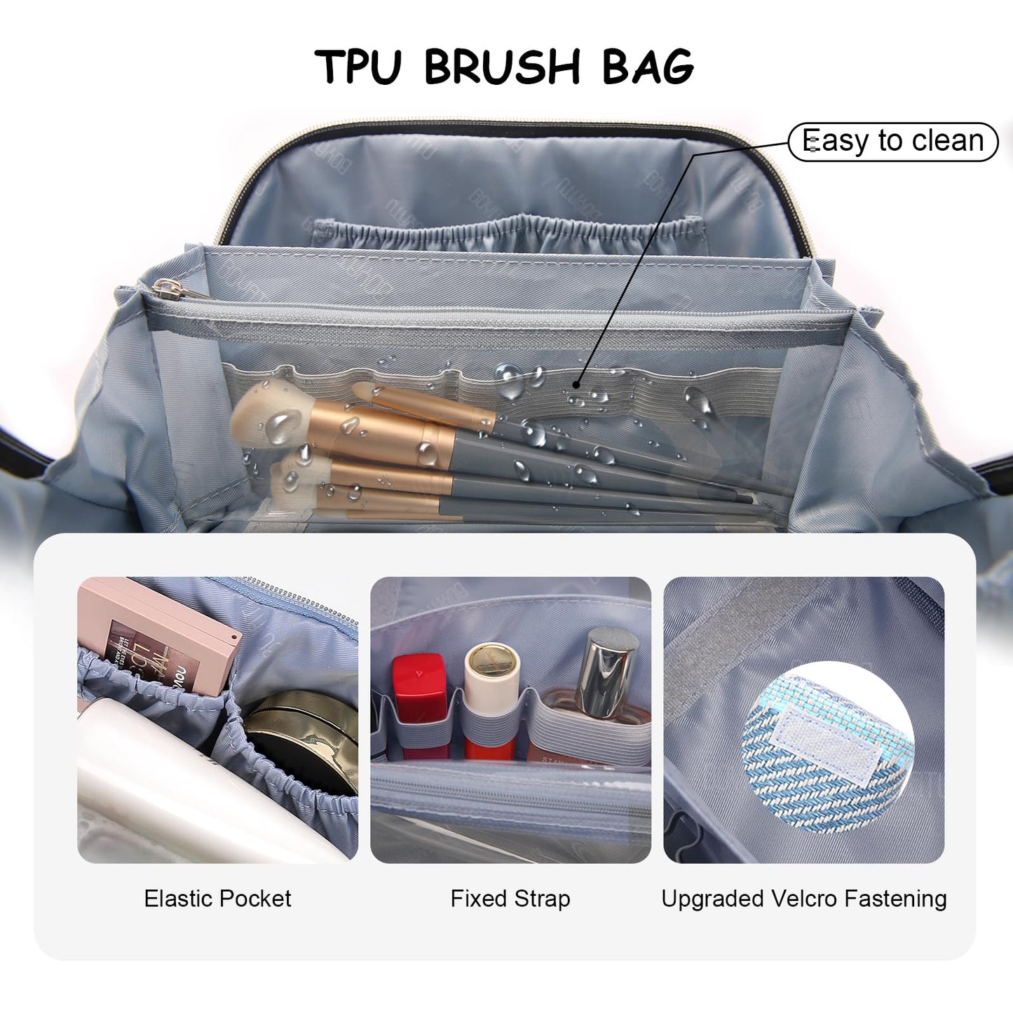 BOYATU Travel Makeup Bag Cosmetic Bag for Women: 3 Pcs Set Make up Bag with Compartments - Waterproof Vegan Leather Toiletry Bags with Handle - Makeup Organizer for Travel Essentials(C-1-Blue)