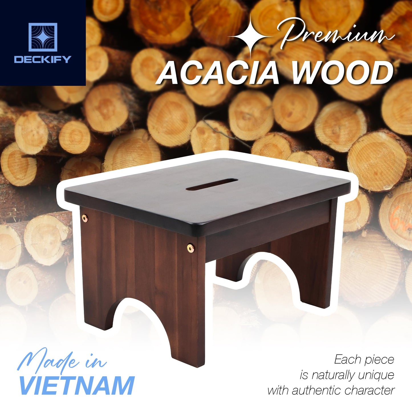 DECKIFY Premium Wooden Step Stool for Adults, Small Acacia Wood Stepping Stool, Non-Slip 1-Step Bedside Stool for Bed & Bathroom, 600 lbs, Portable, Rich Walnut, 9.0 Inch