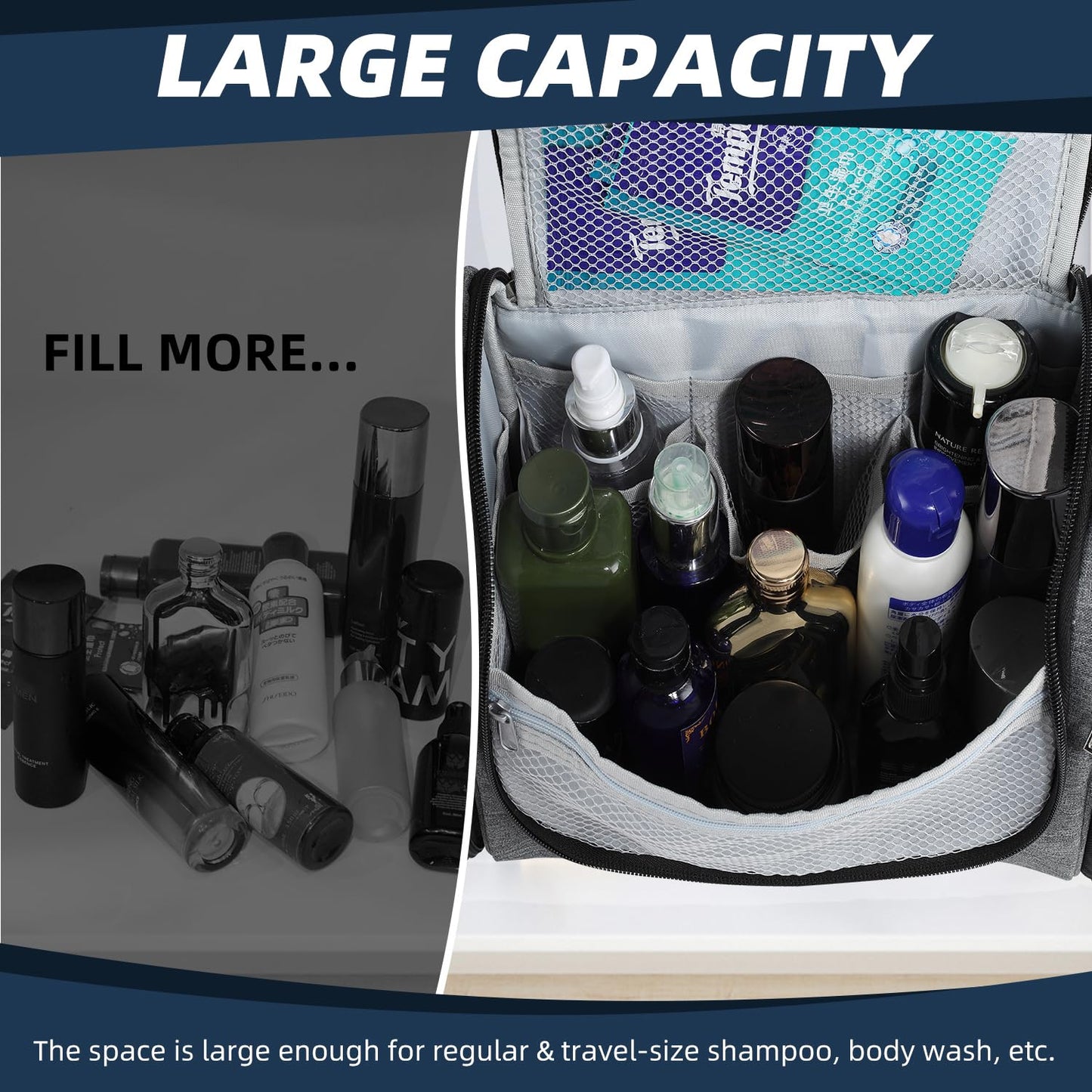 Buruis Hanging Toiletry Bag for Women and Men, Large Water-Resistant Makeup Organizer with Sturdy Hook, Lightweight Nylon Dopp Kit for Full-Sized Toiletries & Cosmetics, Oxford Gray