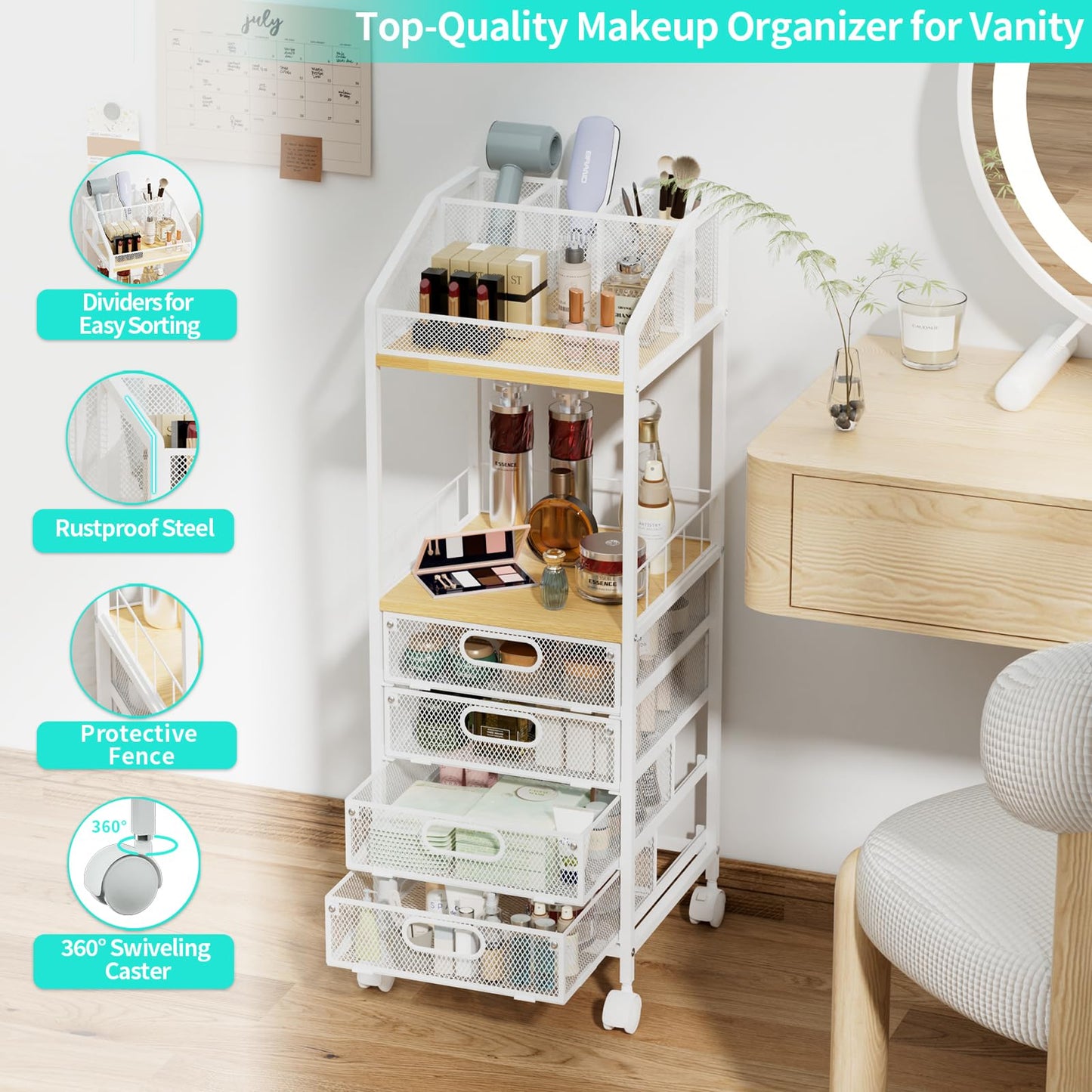 HapiRm Rolling Cart Makeup Organizer - Metal Makeup Cart with Wheels and Drawers for Small Spaces & Messy Vanities, Space-Saving Beauty Cosmetics Cart Storage Cabinet Stand for Perfume Hair Tools