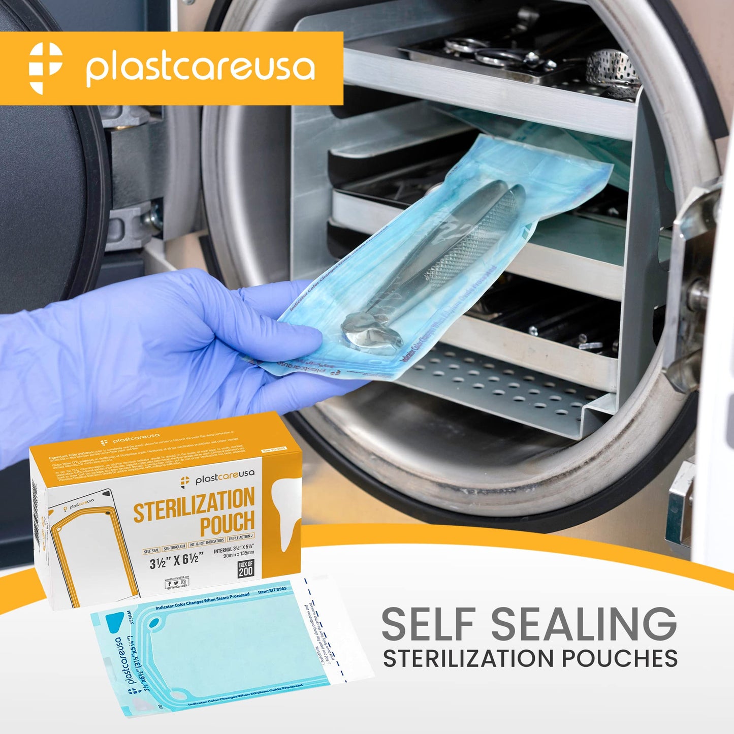 200 3.5 X 5.25 Self Sealing Sterilization Pouches - Autoclave Sterilizer Bags Pouch for Sterilizing Dental Medical Instruments & Cleaning Tools - Latex-Free, Color Changing Indicator by PlastCare USA