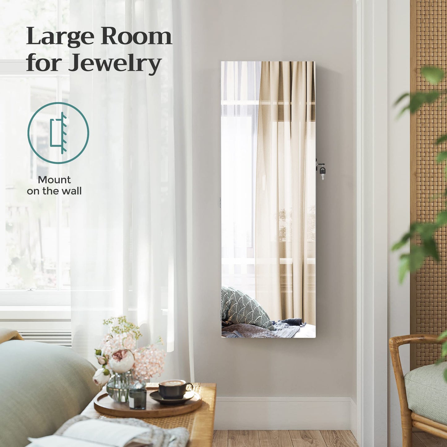 SONGMICS Jewelry Cabinet Armoire, Wall or Door Mount Storage Organizer with Full-Length Frameless Mirror, Lockable Cabinet with Built-in Small Mirror, Shelves, Gift Idea, Brown UJJC003K01