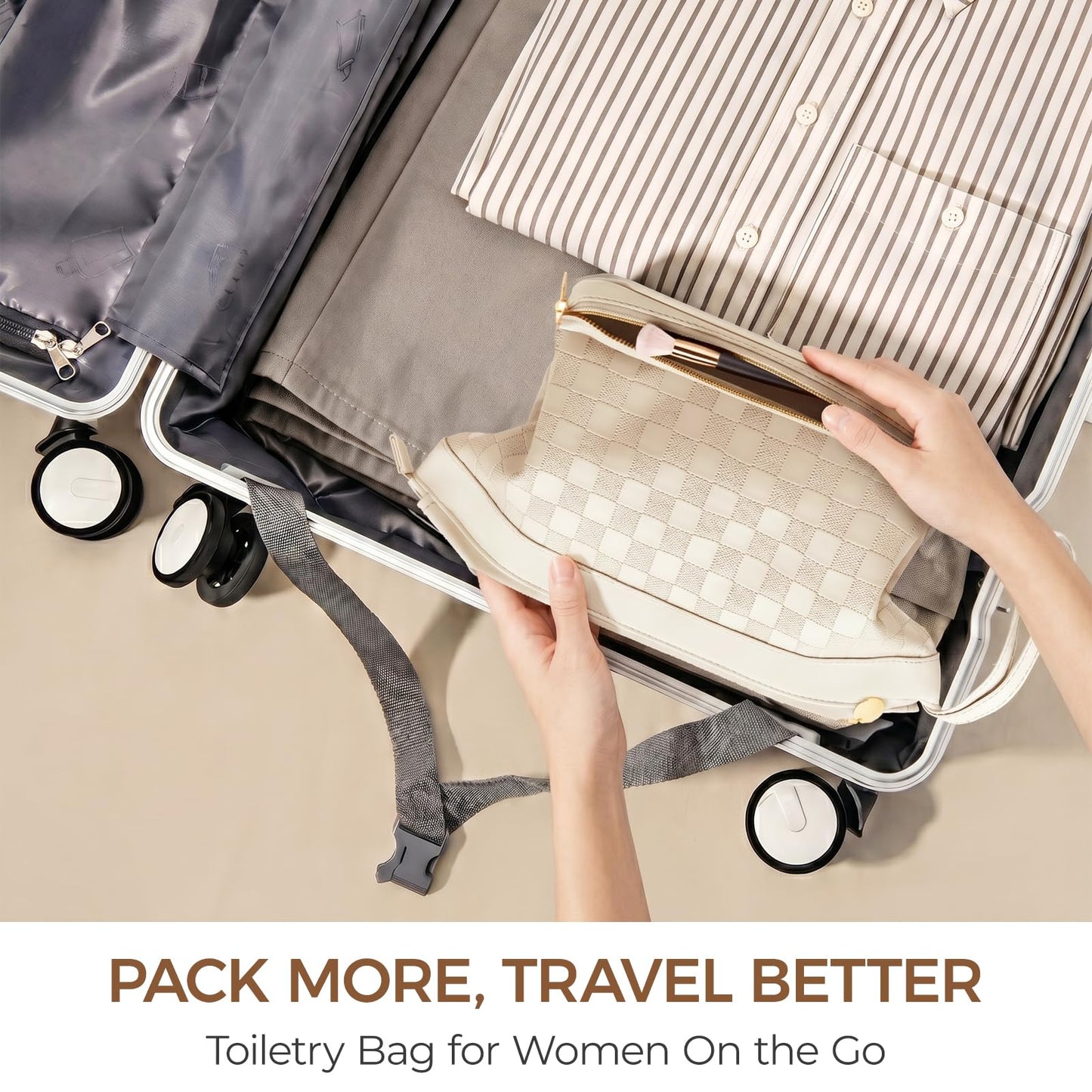 Hairao Large Makeup Bag for Women, Double Layer Travel Makeup Bag with Brush Compartment, Waterproof PU Leather Cosmetic Bag, Checkered Toiletry Bag Makeup Organizer for Skincare & Toiletries, Beige