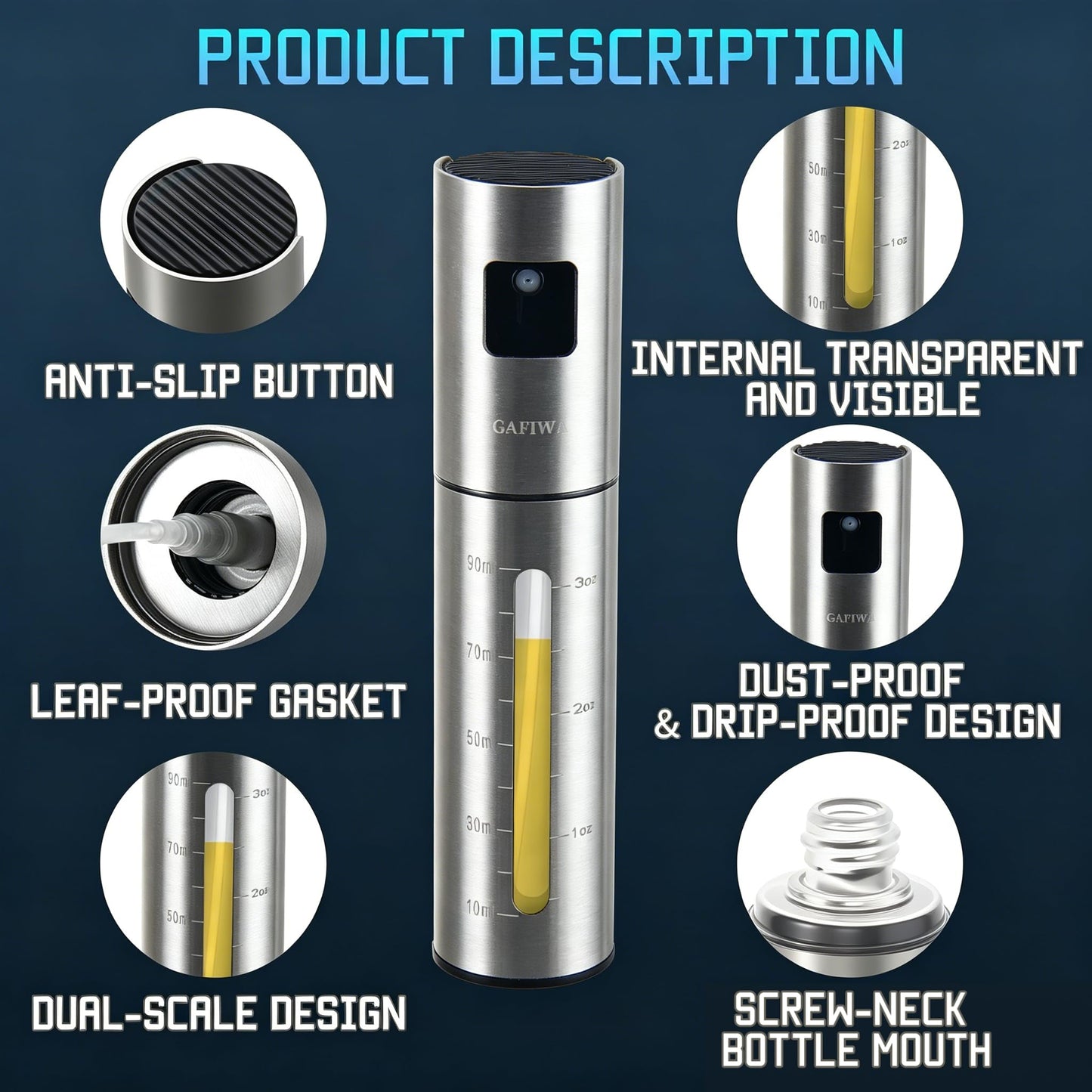 Gafiwa Advanced Olive Oil Sprayer for Cooking, Kitchen Avocado Oil Spray Bottles, Oil Mister Dispenser, 304 Stainless Steel Shell & Food-safe PP Plastic inner Bottle, 100ml, Leak-Proof and Portable.