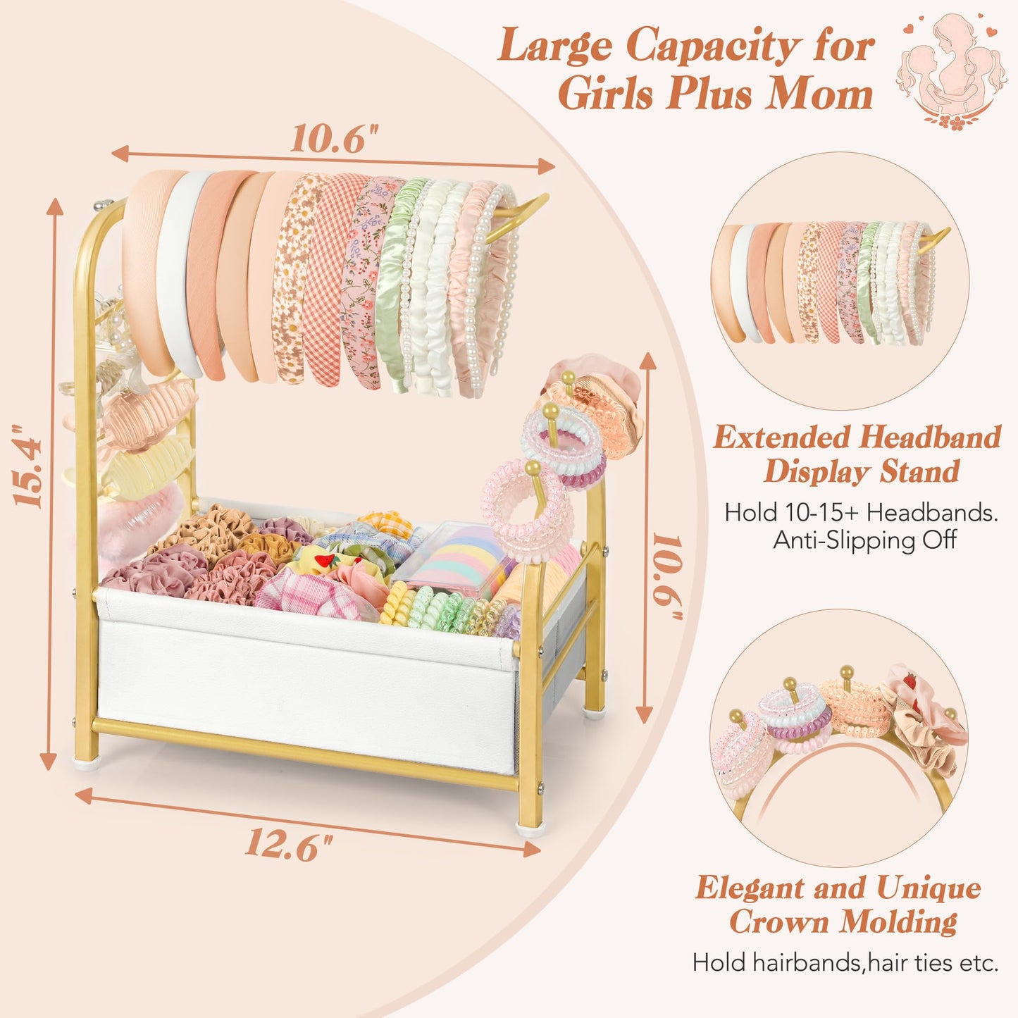 Keebofly Headband Holder Stand - Versatile Organizer for Scrunchies, Bows & Claw Clips - Compact Hair Accessories Storage for Girls, Women, Babies,Golden