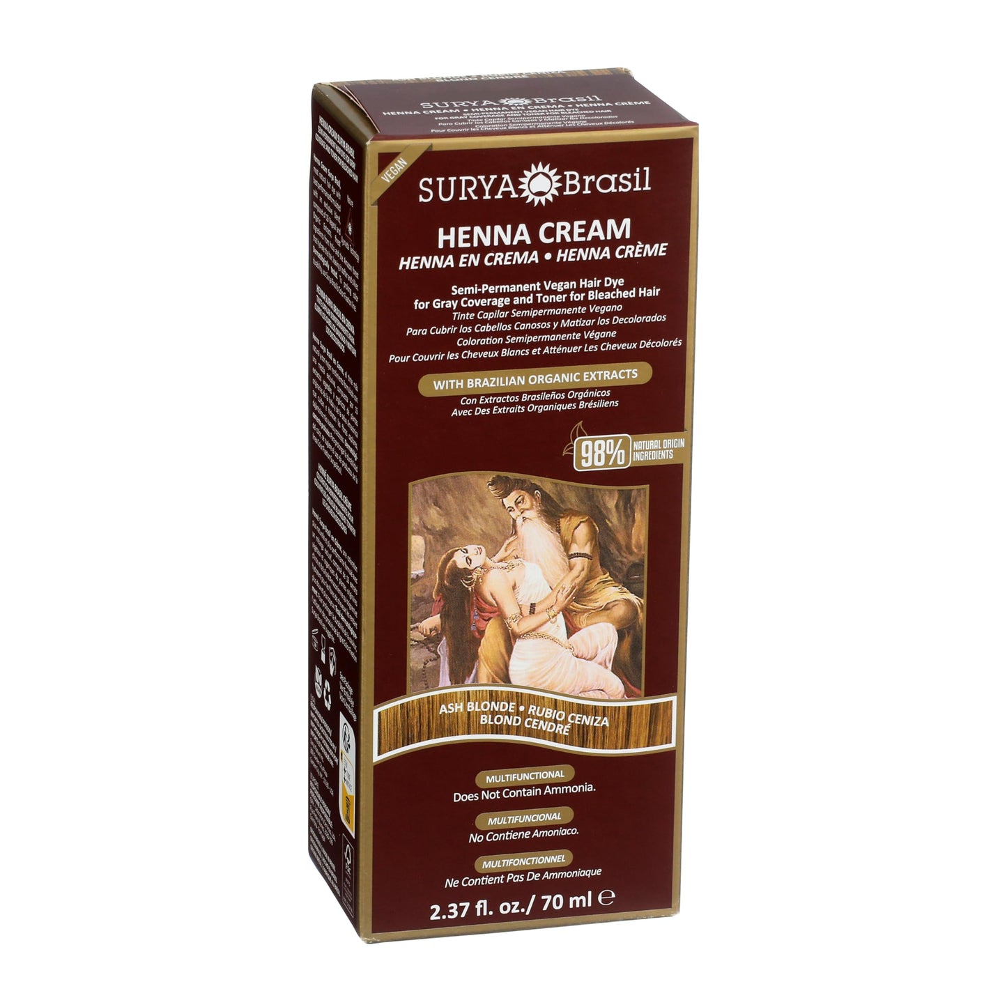 Surya Brasil Henna Cream Ash Blonde - 98% Natural Ingredients, Vegan, Cruelty-Free, Eco-Friendly, Semi-Permanent Hair Color, Deep Hydration & Shine, 2.37 oz