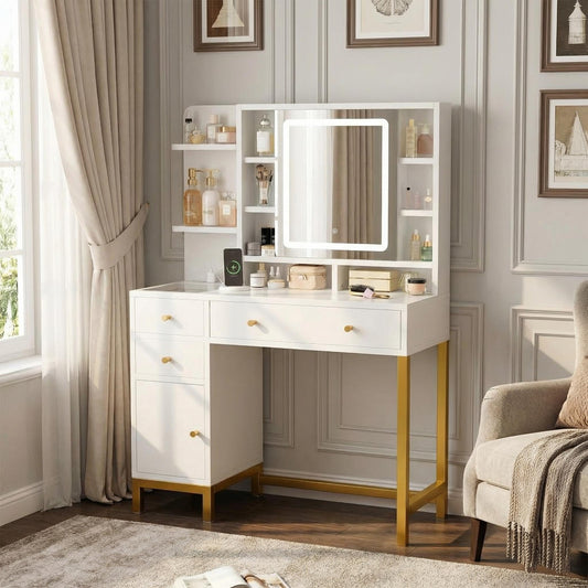Garvee White Vanity Desk with Mirror and Lights, Glass Top Makeup Vanity White and Gold Dressing Table with Charging Station Large Vanity Desk with 3 Drawers, 3 Color Lighting Modes for Women Girl
